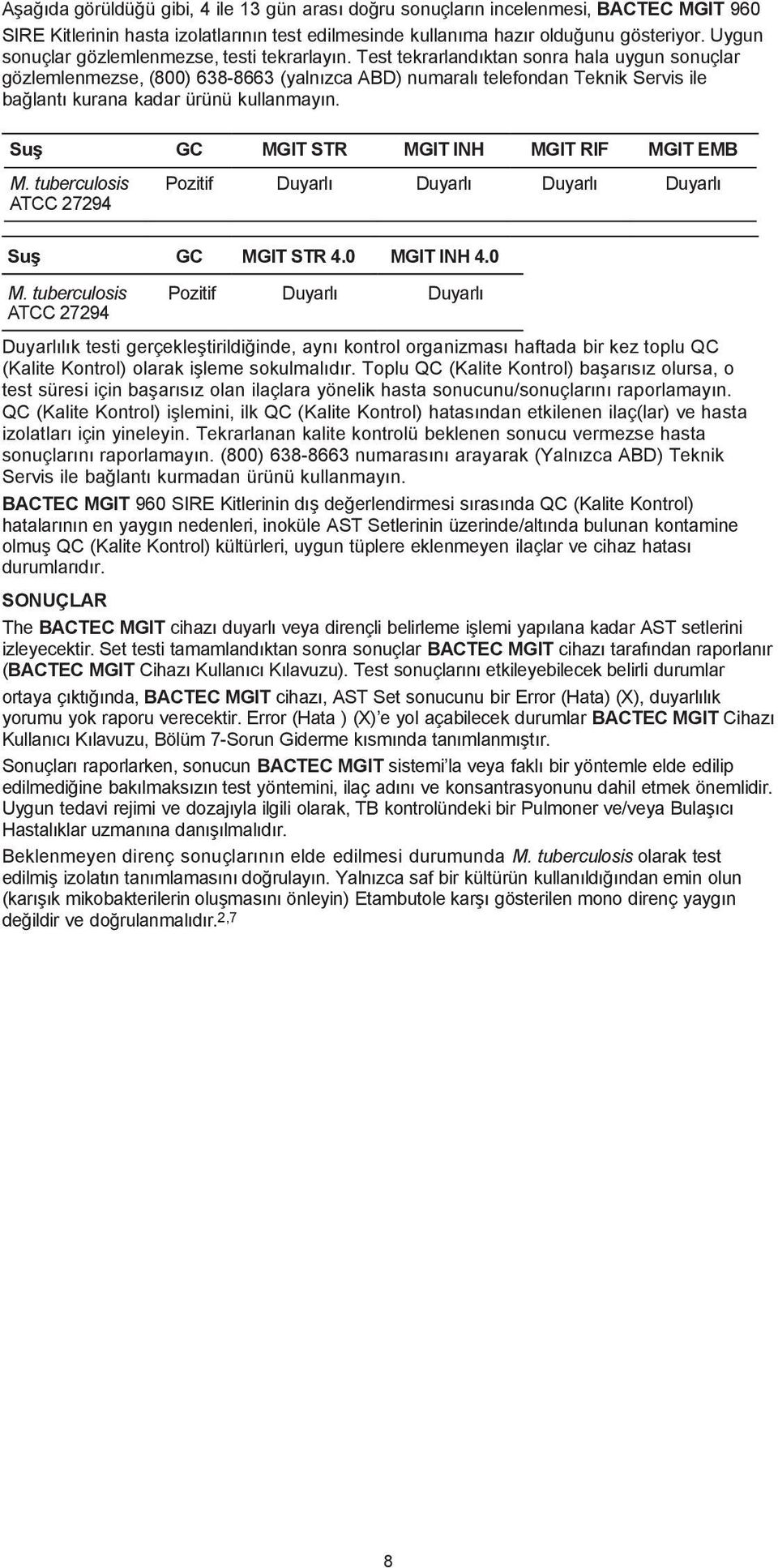 Test tekrarlandıktan sonra hala uygun sonuçlar gözlemlenmezse, (800) 638-8663 (yalnızca ABD) numaralı telefondan Teknik Servis ile bağlantı kurana kadar ürünü kullanmayın.