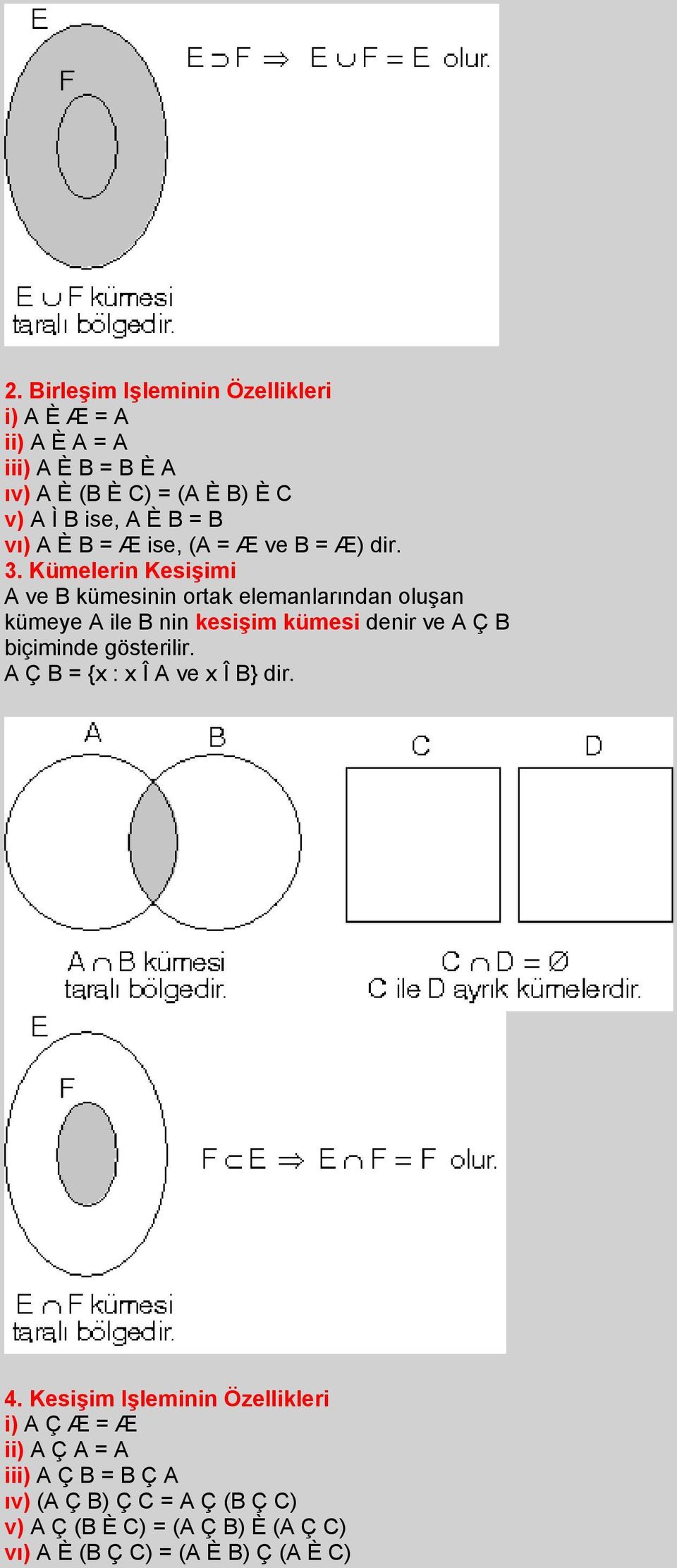 Kümelerin Kesişimi A ve B kümesinin ortak elemanlarından oluşan kümeye A ile B nin kesişim kümesi denir ve A Ç B biçiminde