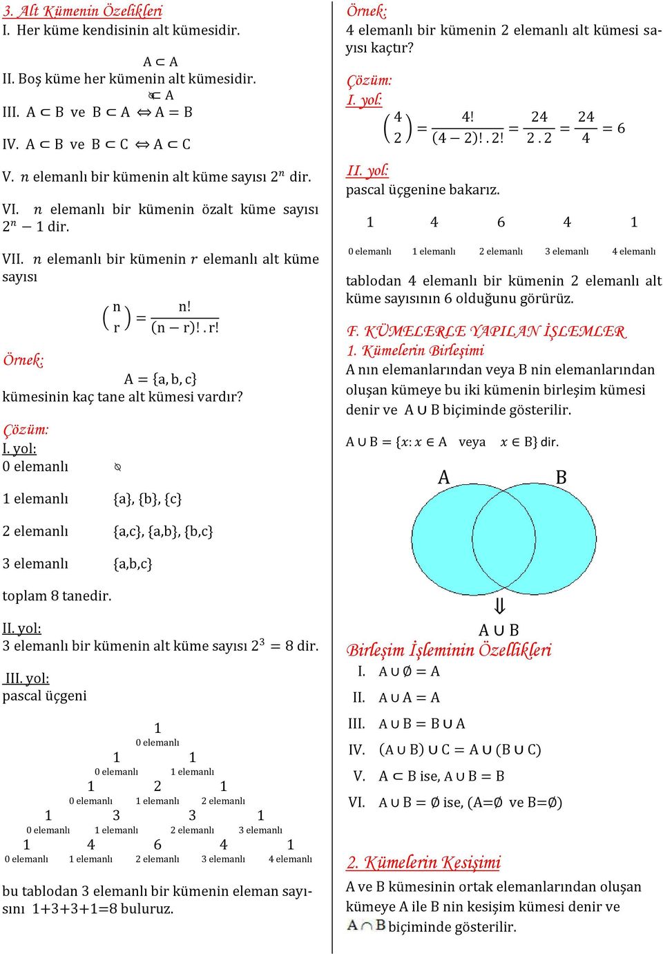 yol: elemanlı {a}, {b}, {c} elemanlı bir kümenin alt kümesi sayısı kaçtır? Çözüm: I. yol: 2 =! ( 2)!. 2! = 2 2. 2 = 2 = 6 II. yol: pascal üçgenine bakarız.