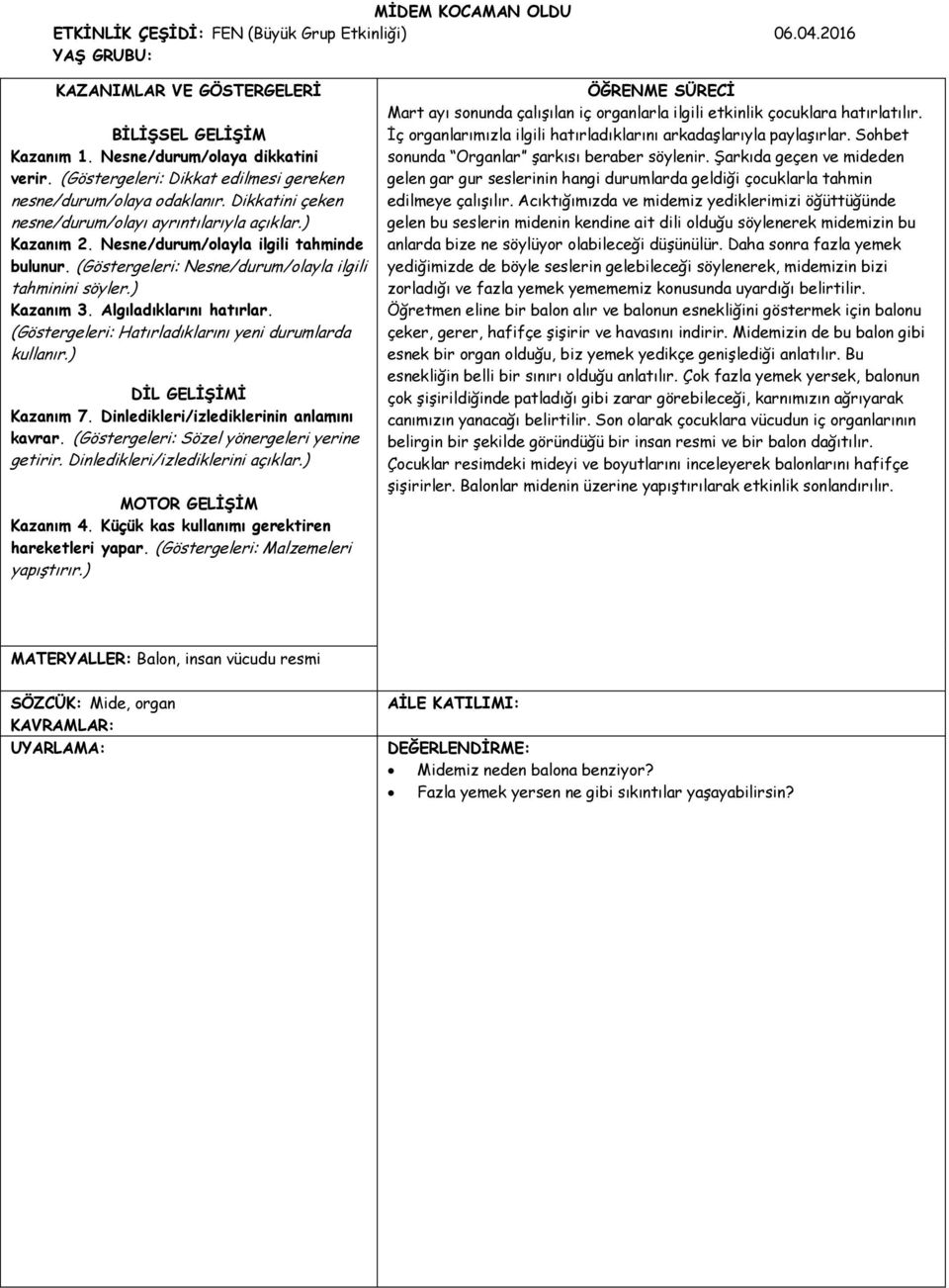 (Göstergeleri: Nesne/durum/olayla ilgili tahminini söyler.) Kazanım 3. Algıladıklarını hatırlar. (Göstergeleri: Hatırladıklarını yeni durumlarda kullanır.) DİL GELİŞİMİ Kazanım 7.