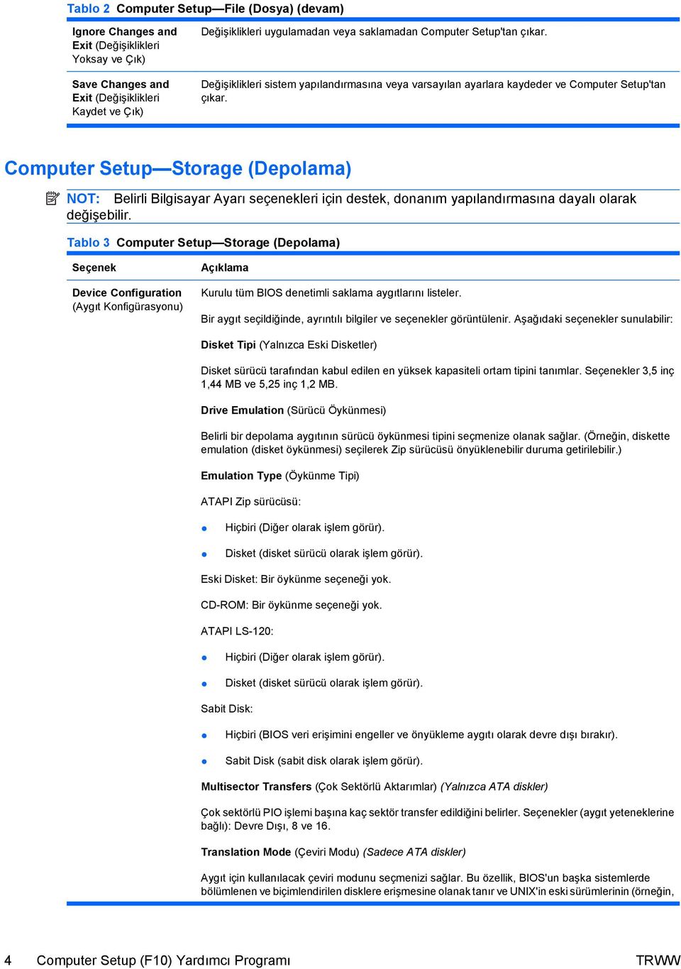 Computer Setup Storage (Depolama) NOT: Belirli Bilgisayar Ayarı seçenekleri için destek, donanım yapılandırmasına dayalı olarak değişebilir.