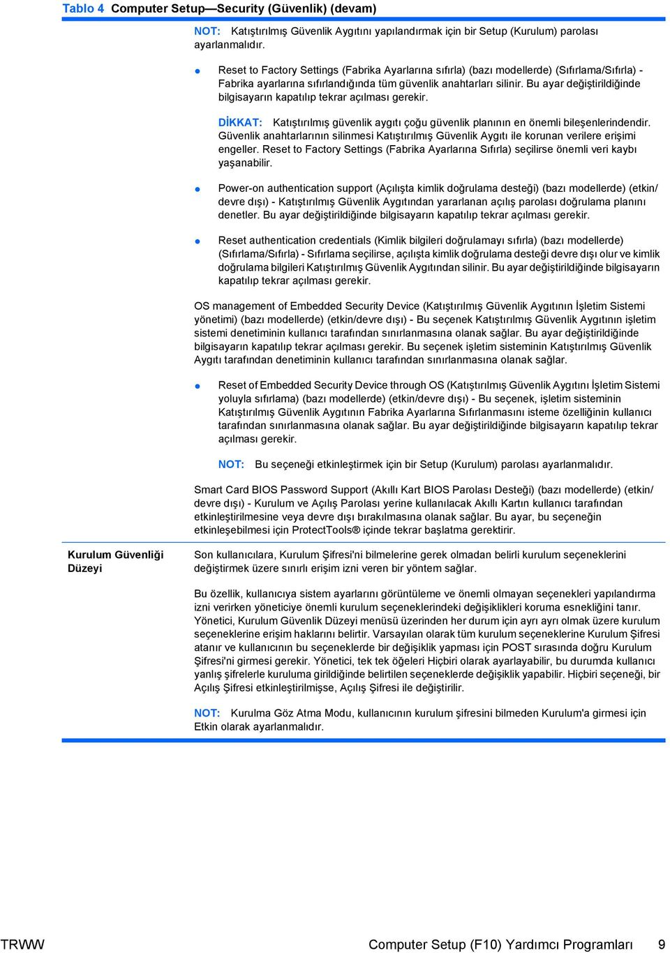 Bu ayar değiştirildiğinde bilgisayarın kapatılıp tekrar açılması gerekir. DİKKAT: Katıştırılmış güvenlik aygıtı çoğu güvenlik planının en önemli bileşenlerindendir.