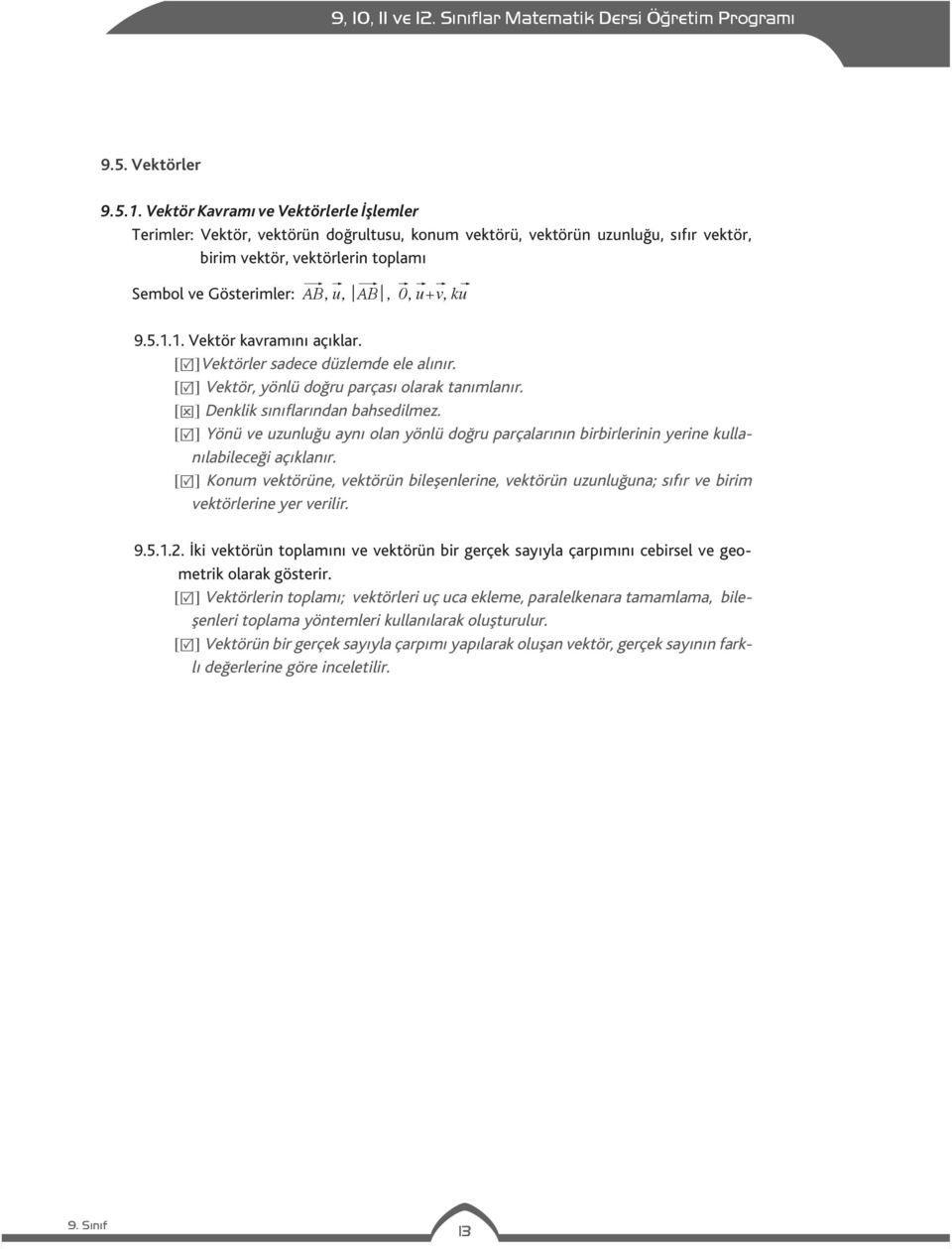 u+v, ku 9.5.1.1. Vektör kavramını açıklar. [ ]Vektörler sadece düzlemde ele alınır. [ ] Vektör, yönlü doğru parçası olarak tanımlanır. [ ] Denklik sınıflarından bahsedilmez.