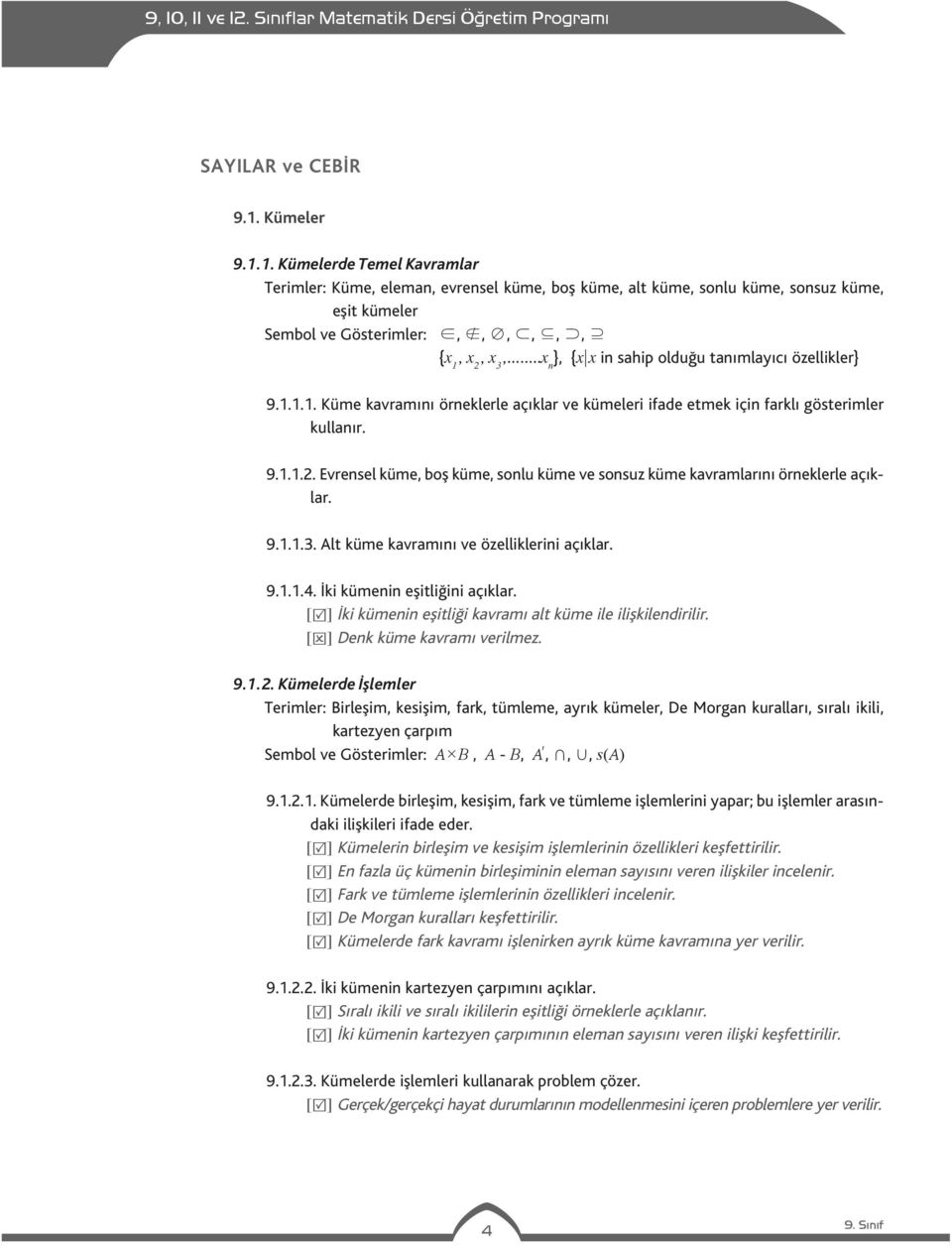 9.1.1.3. Alt küme kavramını ve özelliklerini açıklar. 9.1.1.4. İki kümenin eşitliğini açıklar. [ ] İki kümenin eşitliği kavramı alt küme ile ilişkilendirilir. [ ] Denk küme kavramı verilmez. 9.1.2.