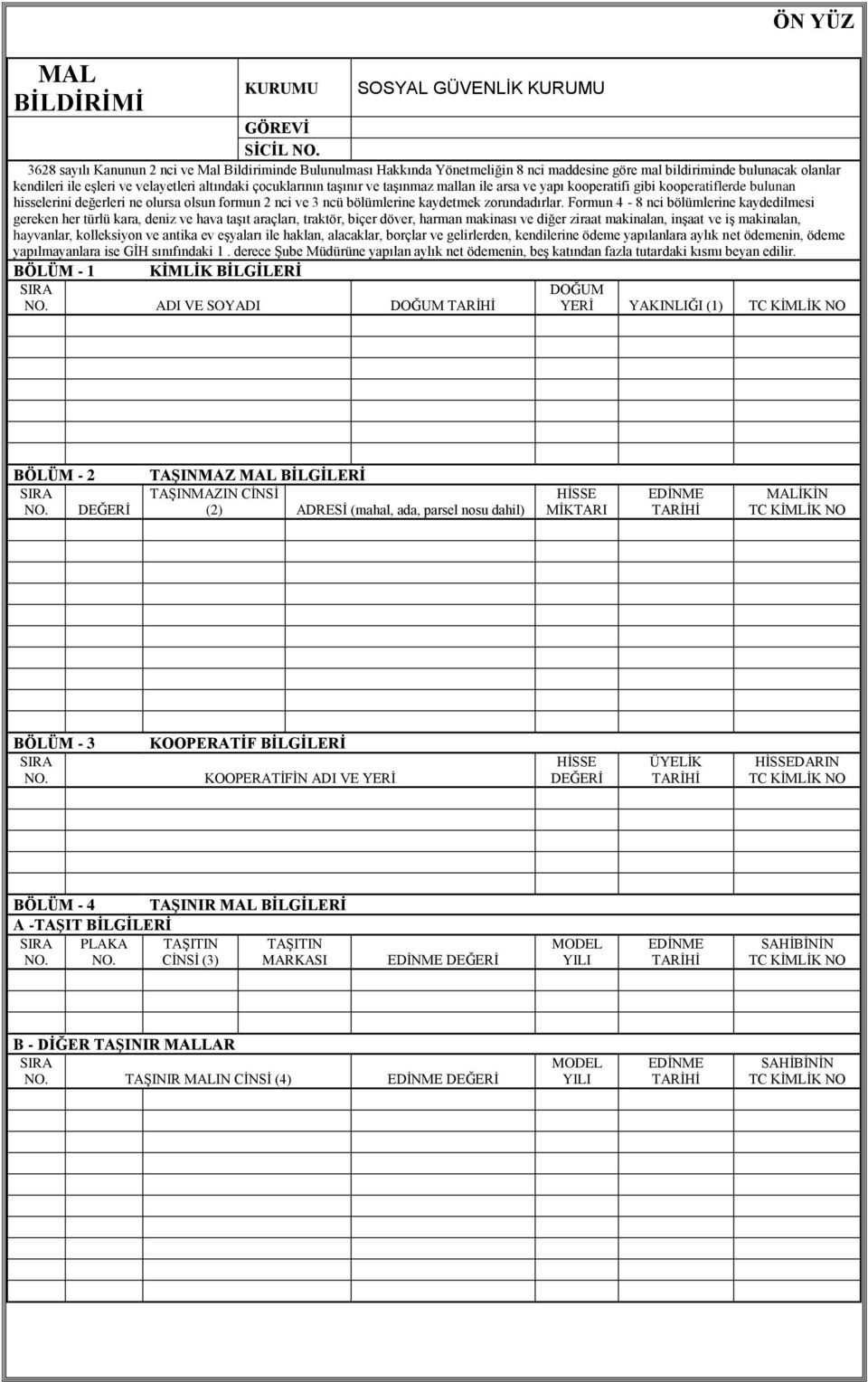 taģınır ve taģınmaz mallan ile arsa ve yapı kooperatifi gibi kooperatiflerde bulunan hisselerini değerleri ne olursa olsun formun 2 nci ve 3 ncü bölümlerine kaydetmek zorundadırlar.