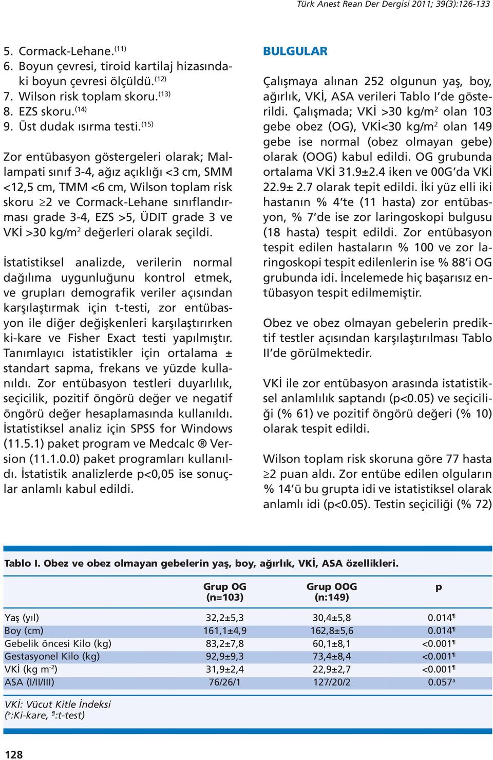 (15) Zor entübasyon göstergeleri olarak; Mallampati sınıf 3-4, ağız açıklığı <3 cm, SMM <12,5 cm, TMM <6 cm, Wilson toplam risk skoru 2 ve Cormack-Lehane sınıflandırması grade 3-4, EZS >5, ÜDIT grade