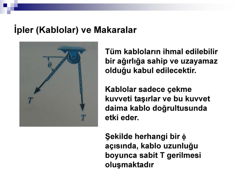 Kablolar sadece çekme kuvveti taşırlar ve bu kuvvet daima kablo