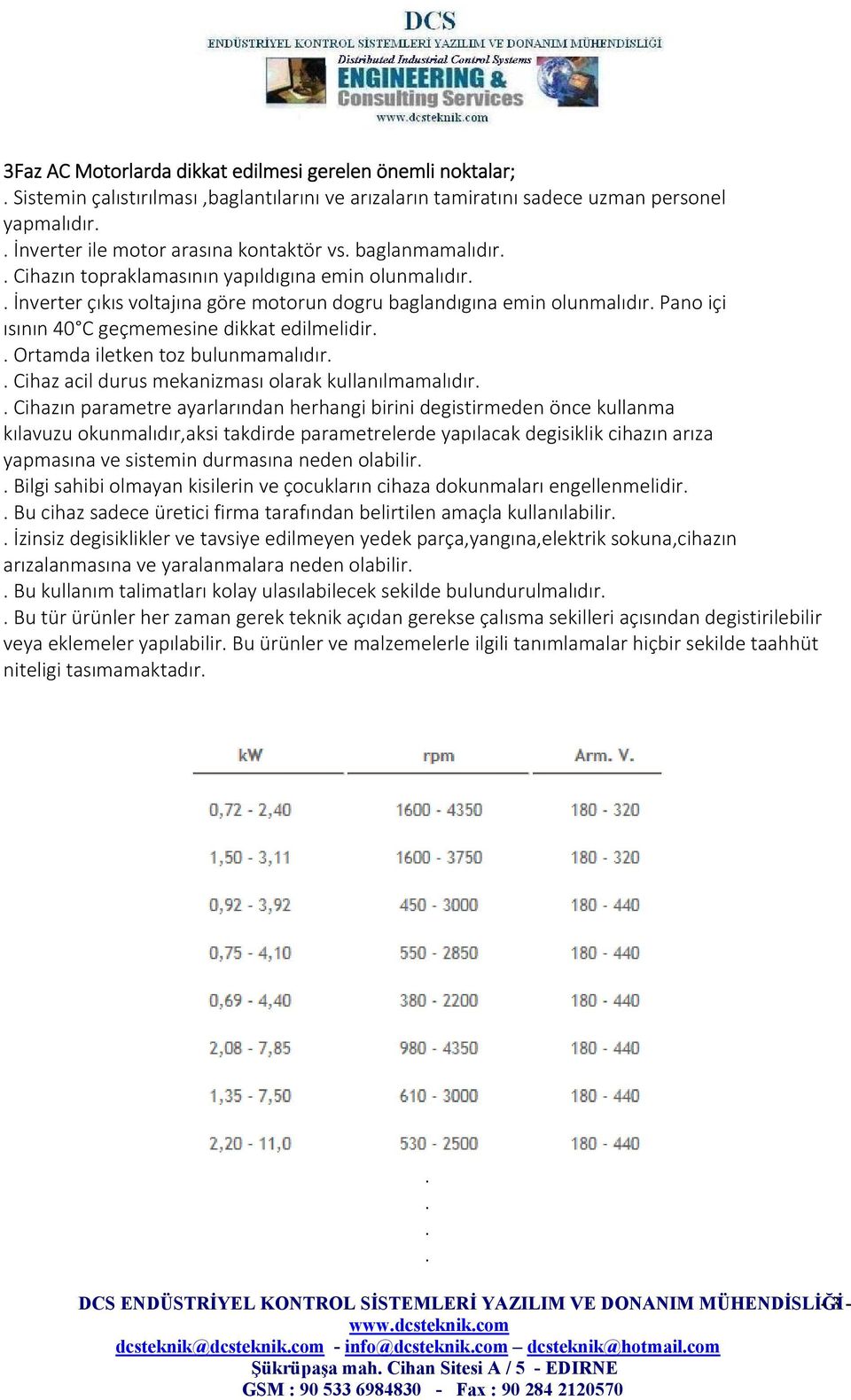 Ortamda iletken toz bulunmamalıdır Cihaz acil durus mekanizması olarak kullanılmamalıdır Cihazın parametre ayarlarından herhangi birini degistirmeden önce kullanma kılavuzu okunmalıdır,aksi takdirde