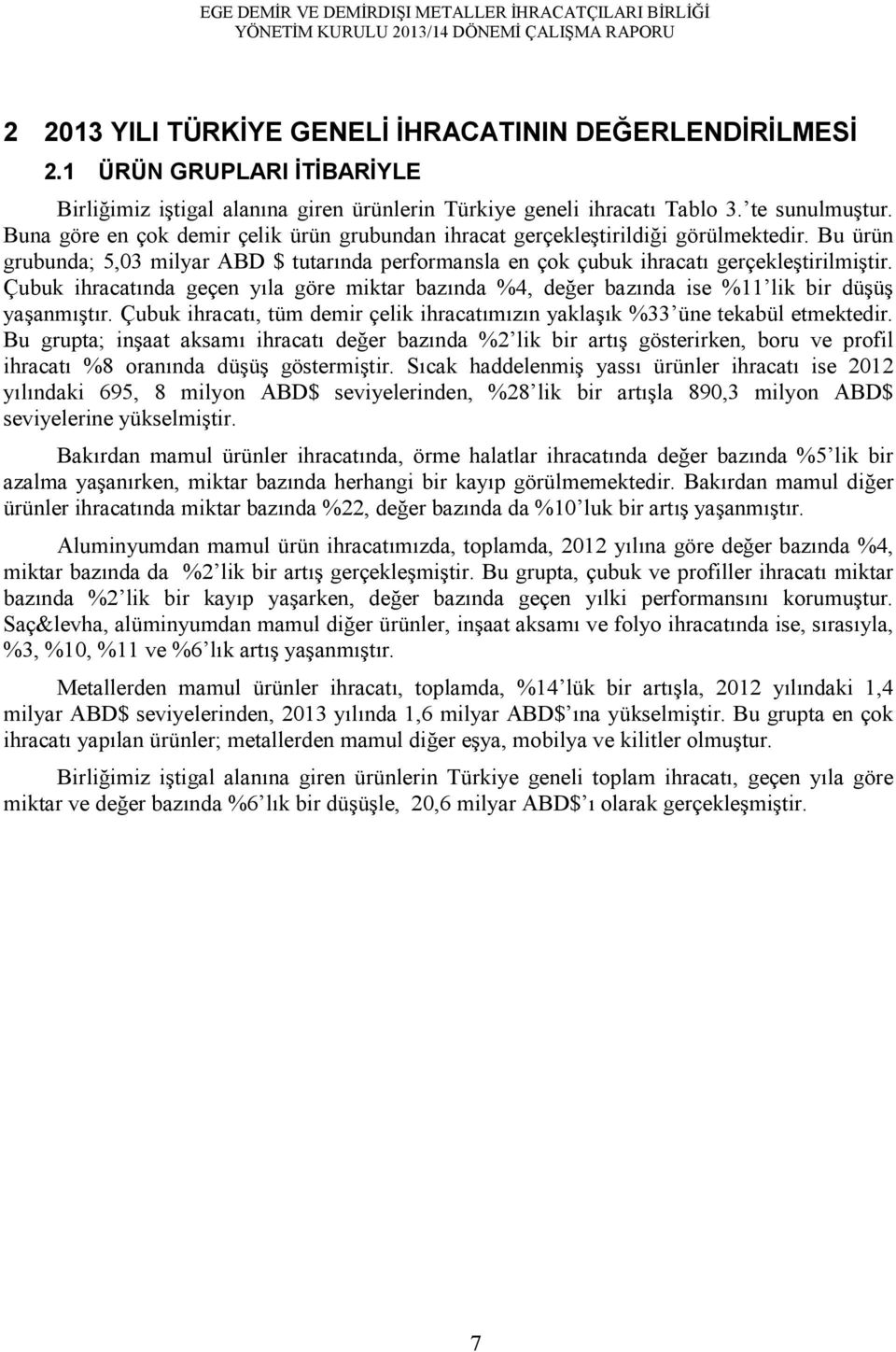 Çubuk ihracatında geçen yıla göre miktar bazında %4, değer bazında ise %11 lik bir düşüş yaşanmıştır. Çubuk ihracatı, tüm demir çelik ihracatımızın yaklaşık %33 üne tekabül etmektedir.