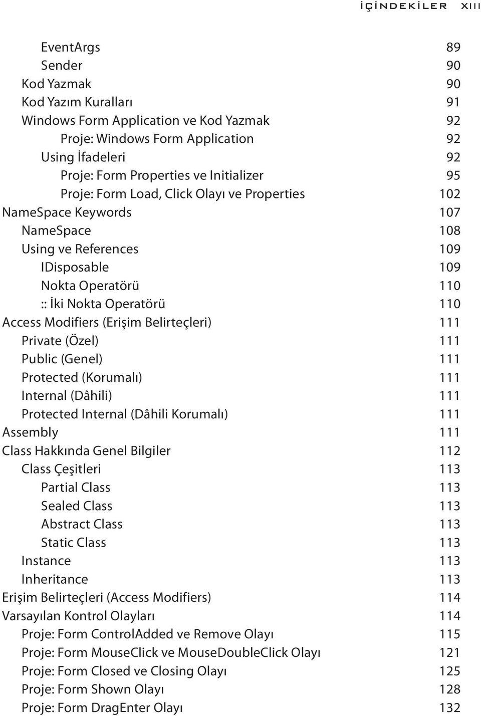 Modifiers (Erişim Belirteçleri) 111 Private (Özel) 111 Public (Genel) 111 Protected (Korumalı) 111 Internal (Dâhili) 111 Protected Internal (Dâhili Korumalı) 111 Assembly 111 Class Hakkında Genel