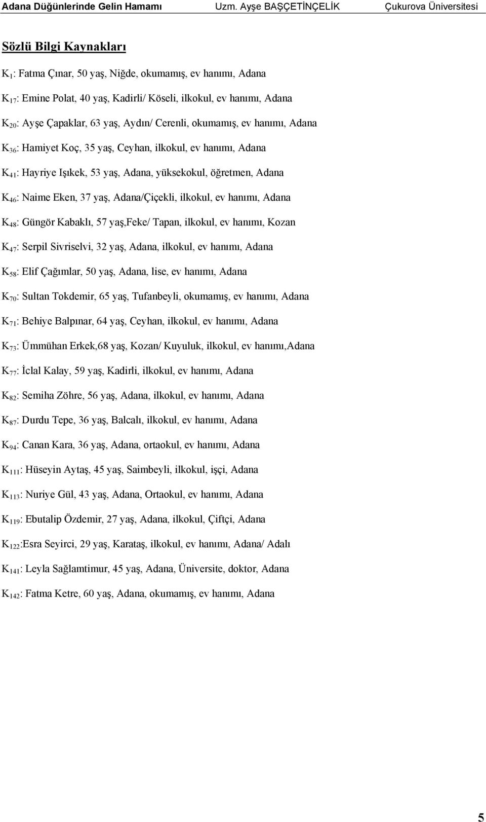 Adana/Çiçekli, ilkokul, ev hanımı, Adana K 48 : Güngör Kabaklı, 57 yaş,feke/ Tapan, ilkokul, ev hanımı, Kozan K 47 : Serpil Sivriselvi, 32 yaş, Adana, ilkokul, ev hanımı, Adana K 58 : Elif Çağımlar,