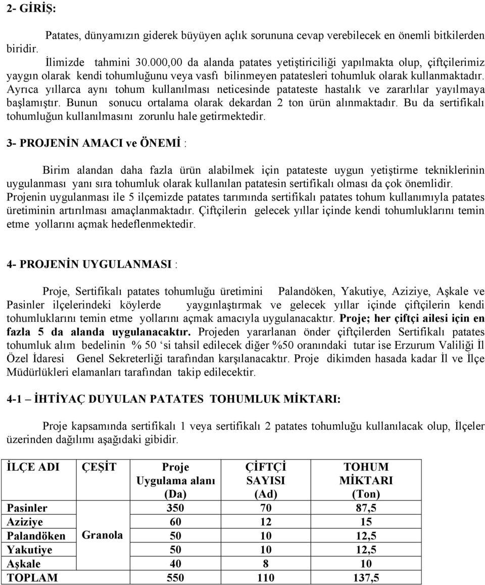 Ayrıca yıllarca aynı tohum kullanılması neticesinde patateste hastalık ve zararlılar yayılmaya başlamıştır. Bunun sonucu ortalama olarak dekardan 2 ton ürün alınmaktadır.