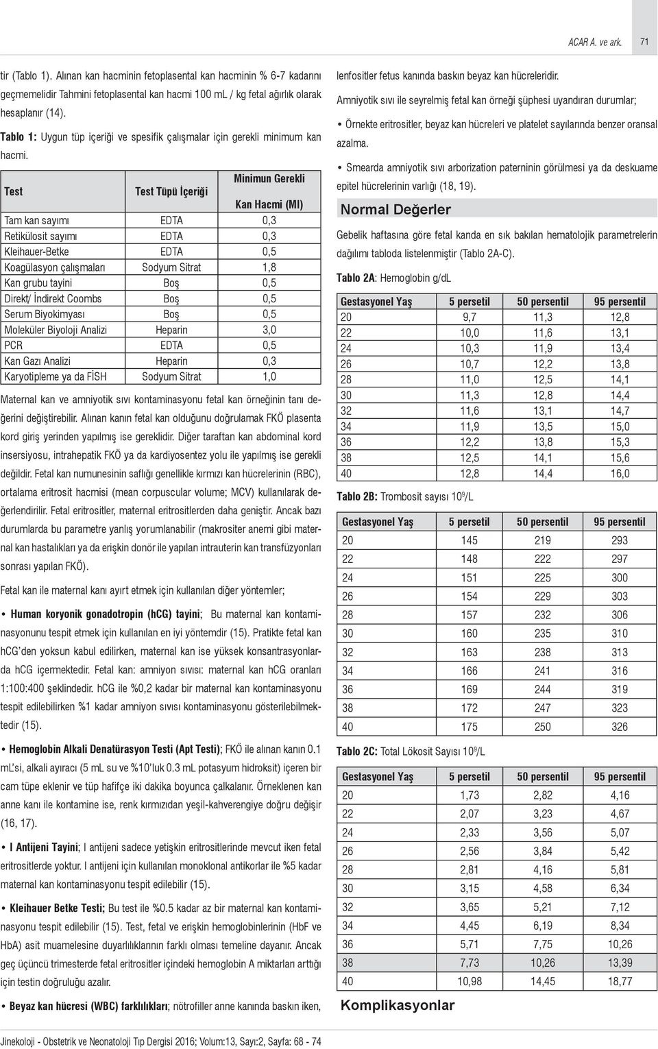 Minimun Gerekli Test Test Tüpü İçeriği Kan Hacmi (Ml) Tam kan sayımı EDTA 0,3 Retikülosit sayımı EDTA 0,3 Kleihauer-Betke EDTA 0,5 Koagülasyon çalışmaları Sodyum Sitrat 1,8 Kan grubu tayini Boş 0,5