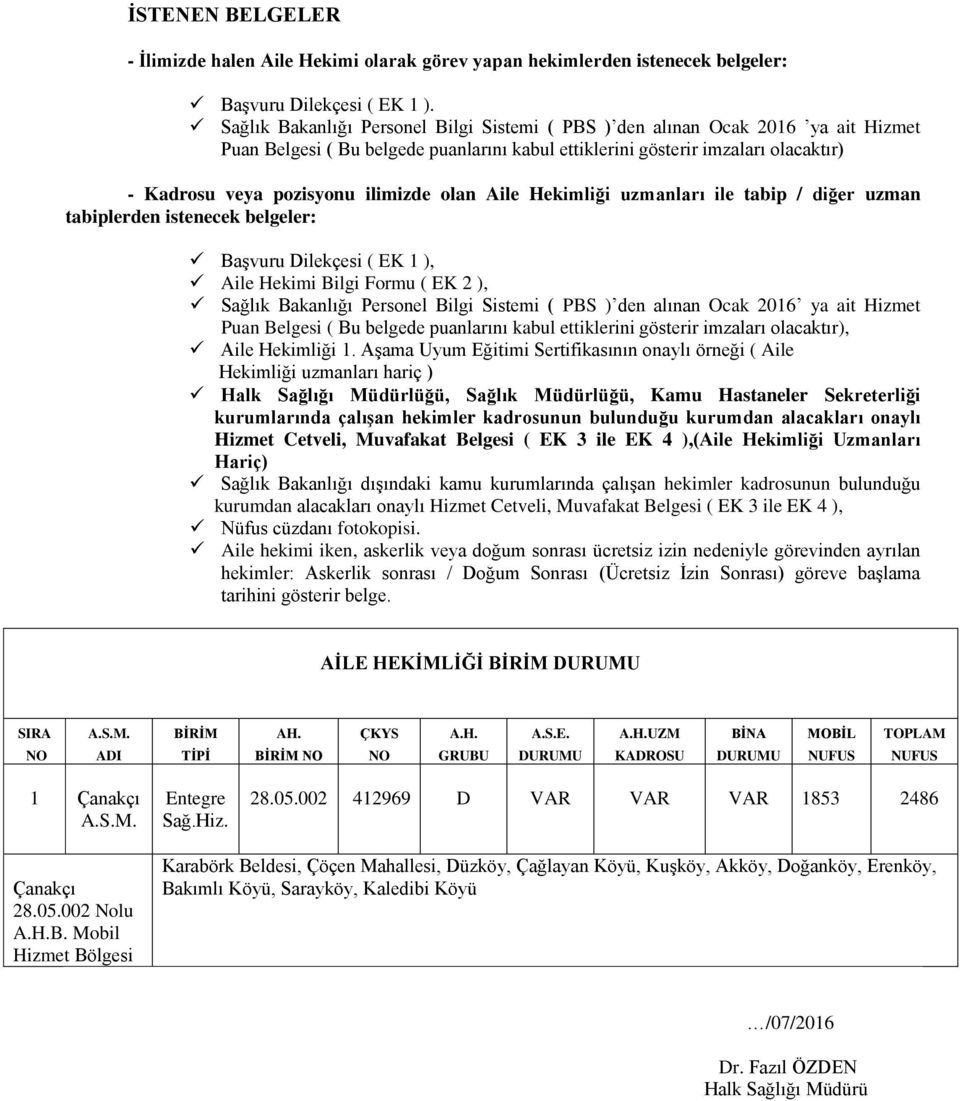 ilimizde olan Aile Hekimliği uzmanları ile tabip / diğer uzman tabiplerden istenecek belgeler: Başvuru Dilekçesi ( EK 1 ), Aile Hekimi Bilgi Formu ( EK 2 ), Sağlık Bakanlığı Personel Bilgi Sistemi (