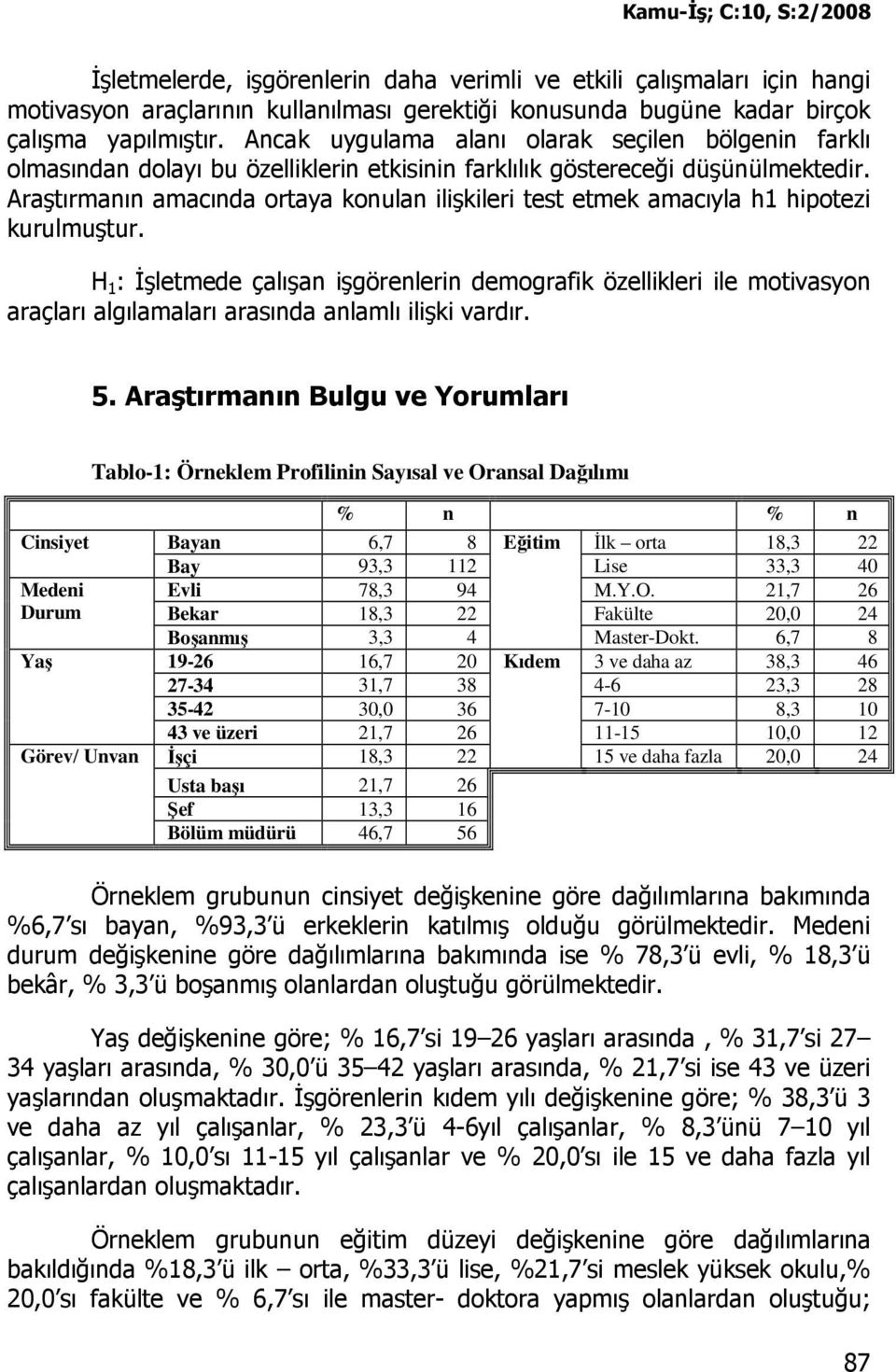 Araştırmanın amacında ortaya konulan ilişkileri test etmek amacıyla h1 hipotezi kurulmuştur.