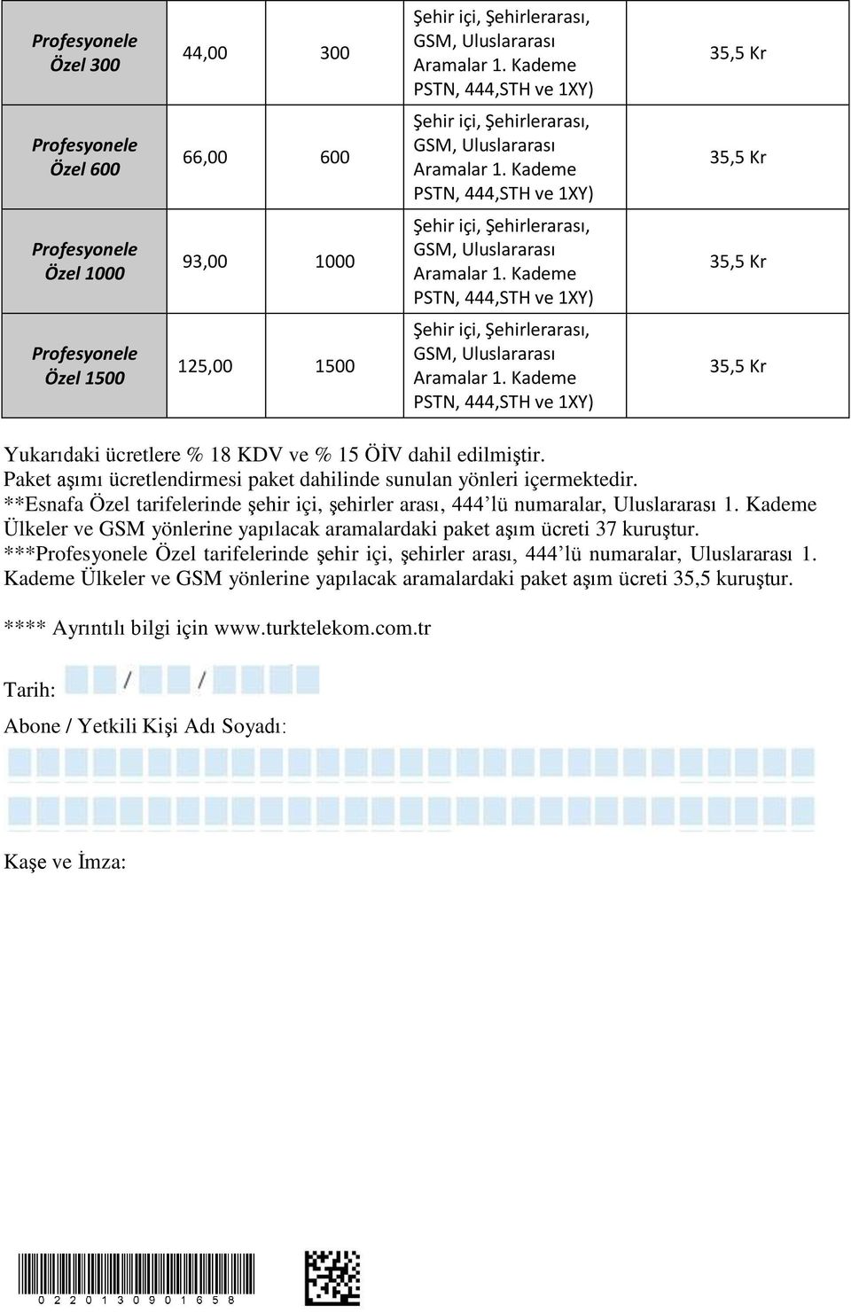 Kademe Ülkeler ve GSM yönlerine yapılacak aramalardaki paket aşım ücreti 37 kuruştur.