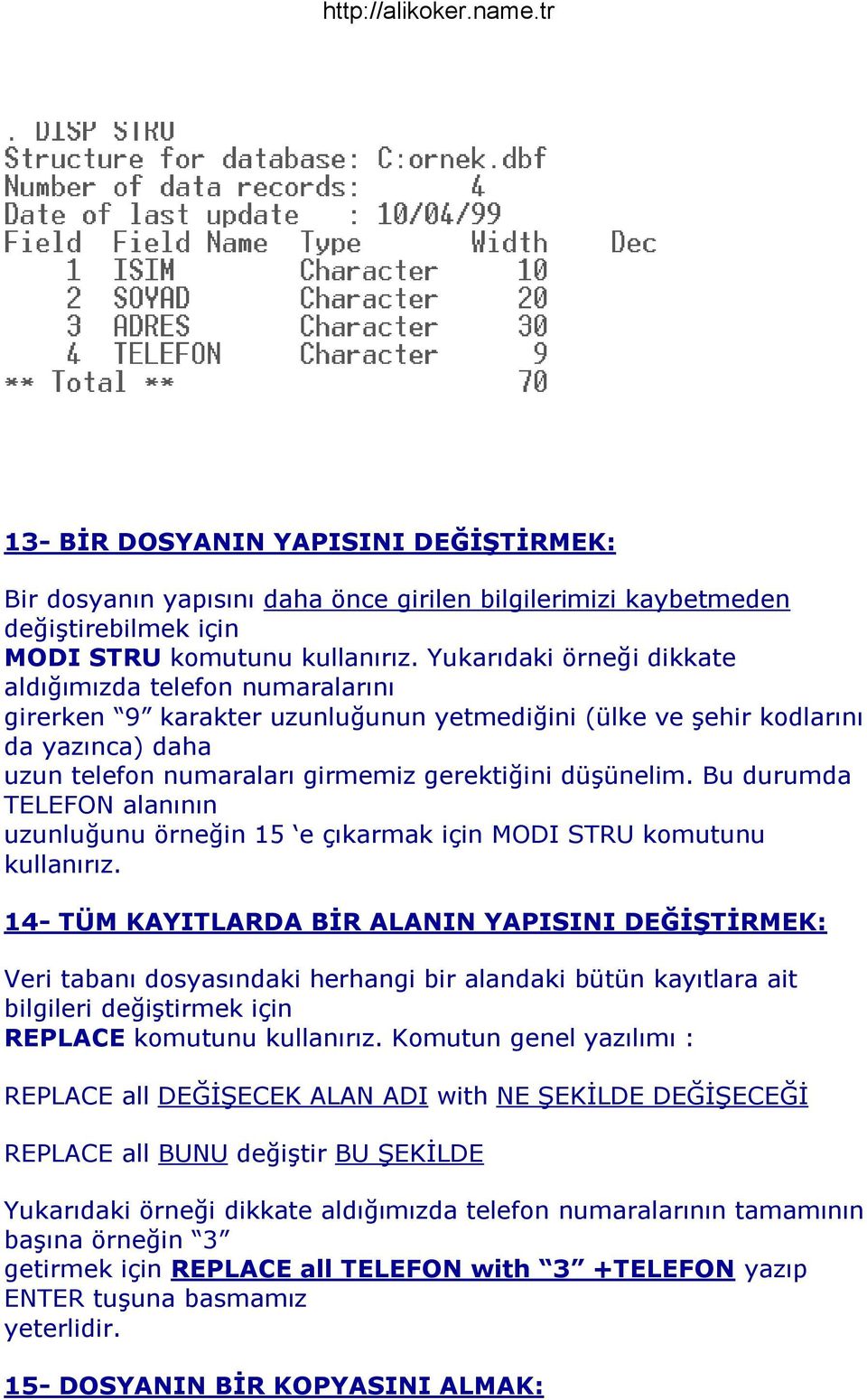 Bu durumda TELEFON alanının uzunluğunu örneğin 15 e çıkarmak için MODI STRU komutunu kullanırız.