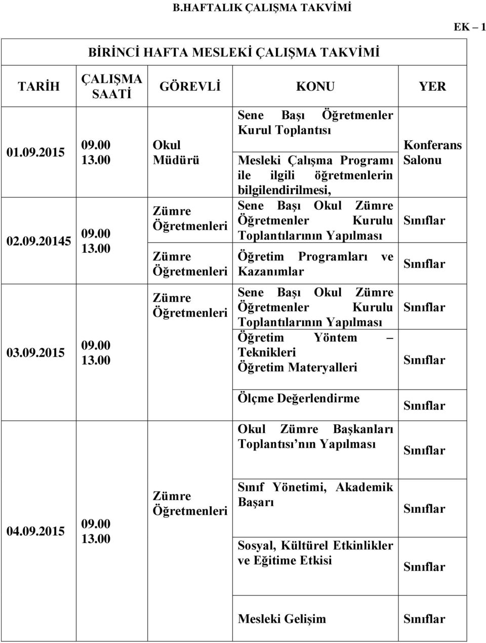 00 GÖREVLĠ KONU YER Okul Müdürü Sene BaĢı Öğretmenler Kurul Toplantısı Mesleki ÇalıĢma Programı ile ilgili öğretmenlerin bilgilendirilmesi, Sene BaĢı Okul Öğretmenler Kurulu