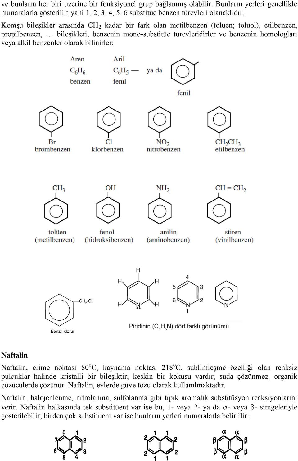 benzenler olarak bilinirler: Naftalin Naftalin, erime noktası 80 o C, kaynama noktası 218 o C, sublimleşme özelliği olan renksiz pulcuklar halinde kristalli bir bileşiktir; keskin bir kokusu vardır;