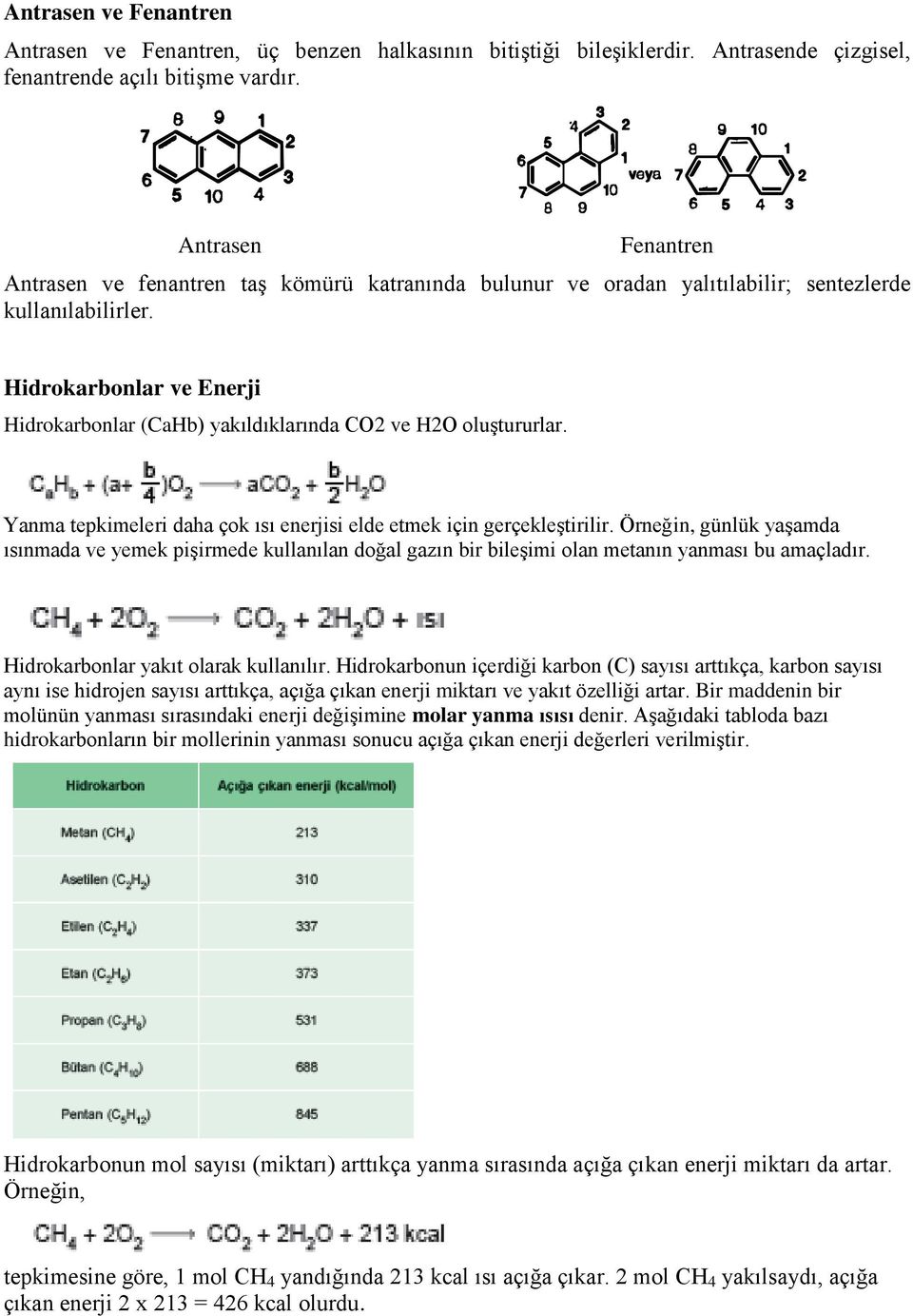 Hidrokarbonlar ve Enerji Hidrokarbonlar (CaHb) yakıldıklarında CO2 ve H2O oluştururlar. Yanma tepkimeleri daha çok ısı enerjisi elde etmek için gerçekleştirilir.