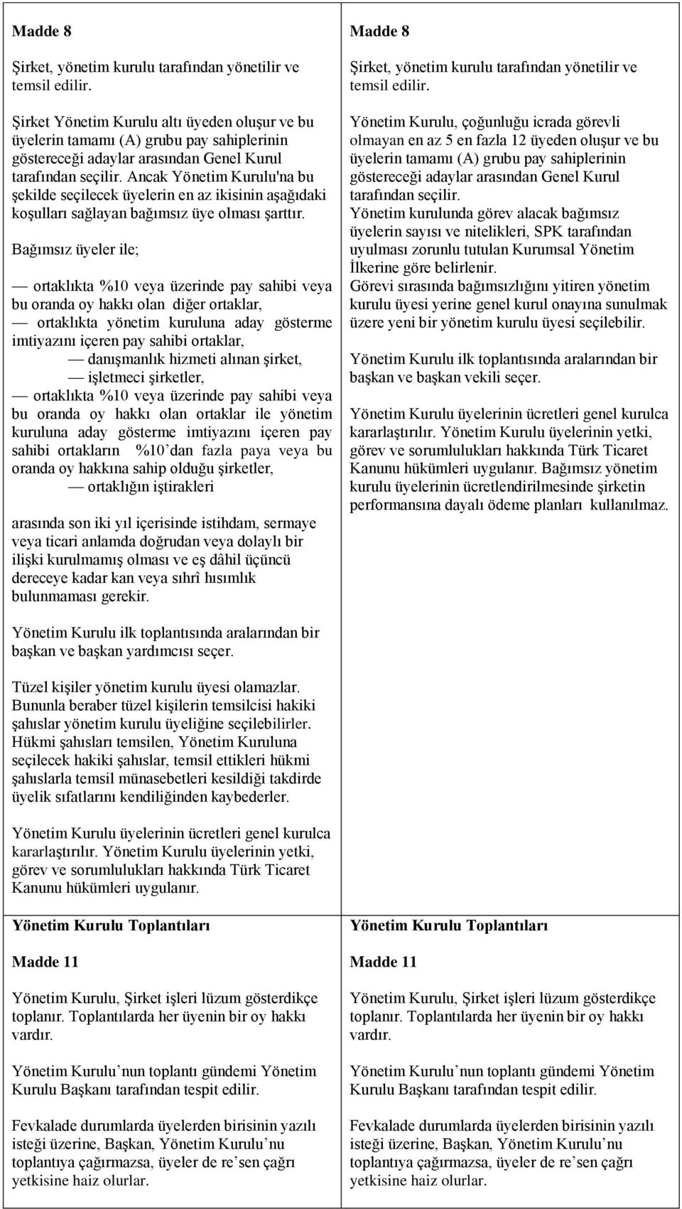 Ancak Yönetim Kurulu'na bu Ģekilde seçilecek üyelerin en az ikisinin aģağıdaki koģulları sağlayan bağımsız üye olması Ģarttır.