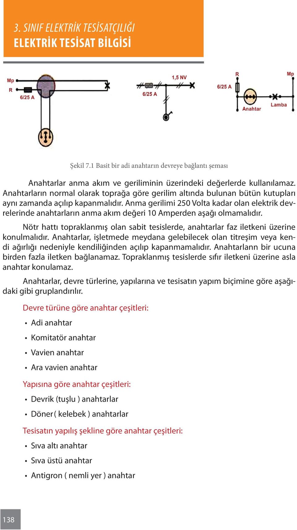 Anma gerilimi 250 Volta kadar olan elektrik devrelerinde anahtarların anma akım değeri 10 Amperden aşağı olmamalıdır.