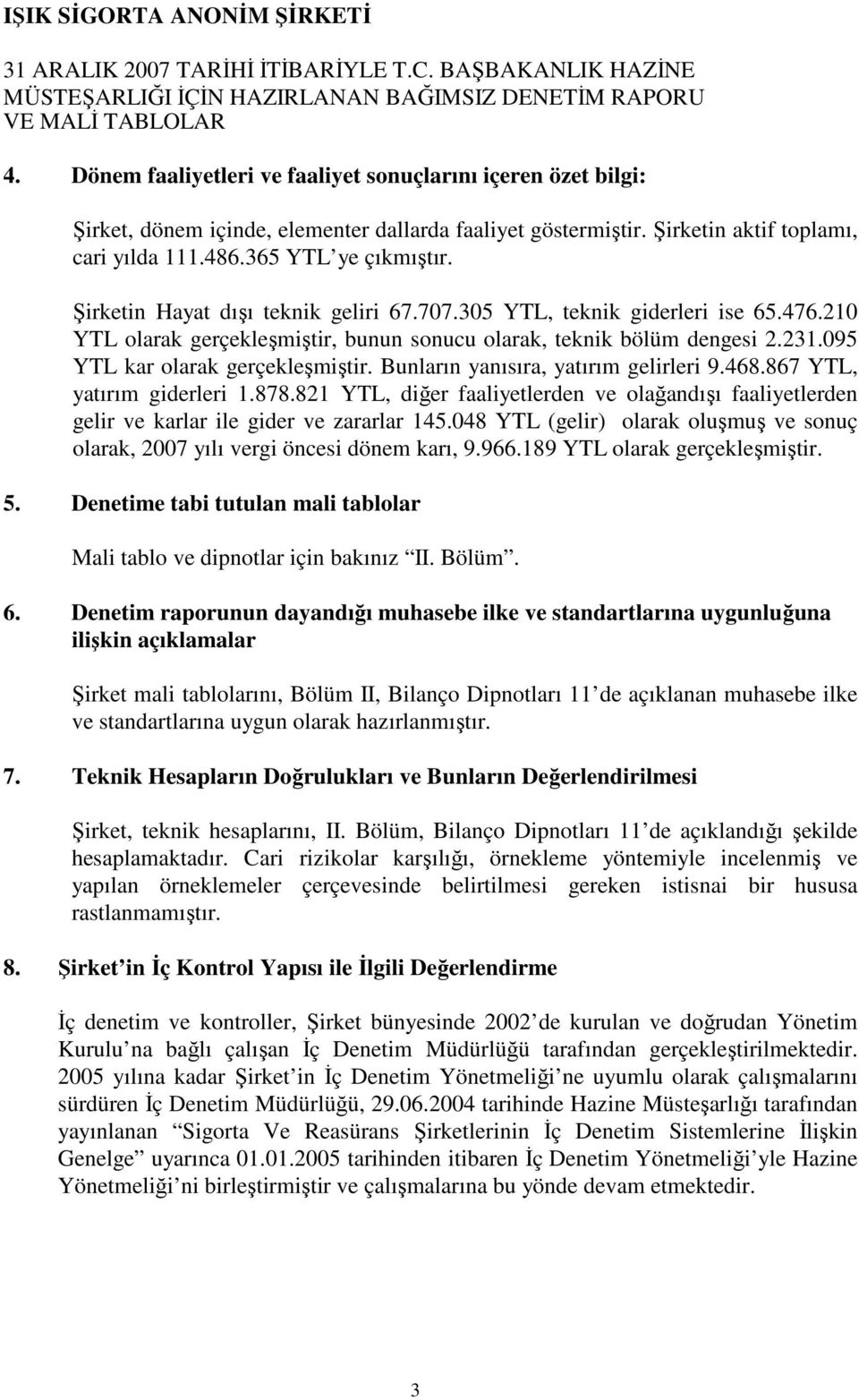 Şirketin Hayat dışı teknik geliri 67.707.305, teknik giderleri ise 65.476.210 olarak gerçekleşmiştir, bunun sonucu olarak, teknik bölüm dengesi 2.231.095 kar olarak gerçekleşmiştir.