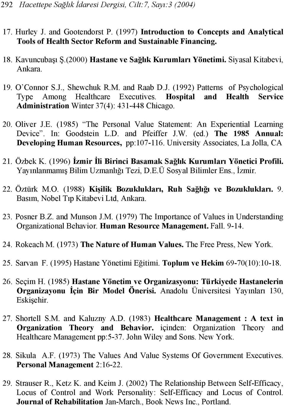 Hospital and Health Service Administration Winter 37(4): 431-448 Chicago. 20. Oliver J.E. (1985) The Personal Value Statement: An Experiential Learning Device. In: Goodstein L.D. and Pfeiffer J.W. (ed.