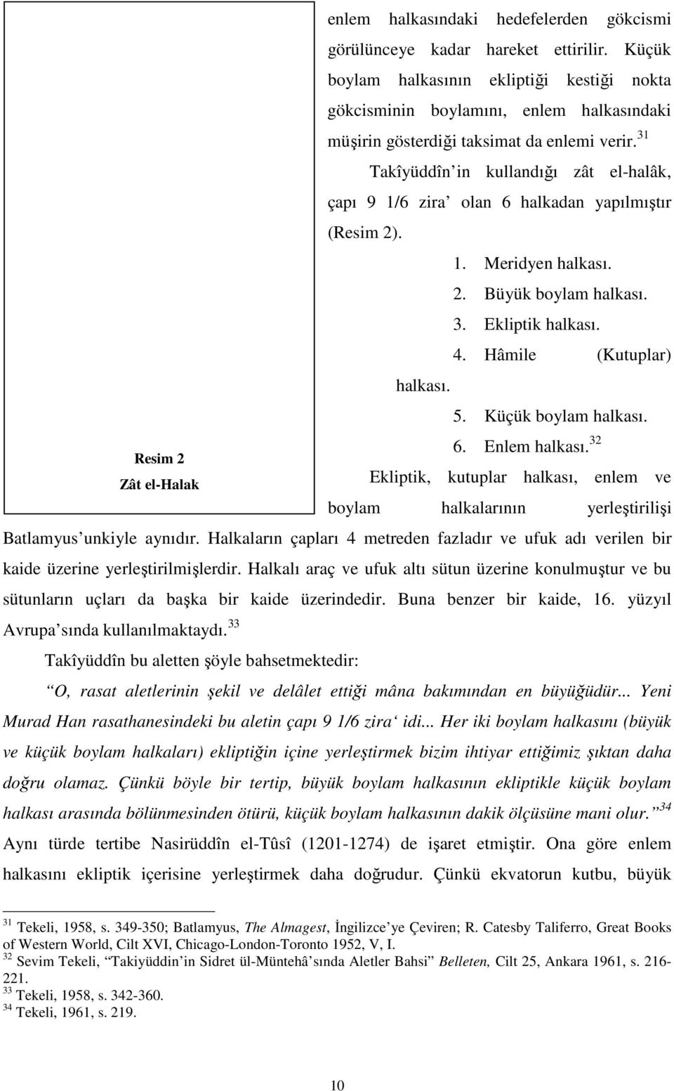 31 Takîyüddîn in kullandığı zât el-halâk, çapı 9 1/6 zira olan 6 halkadan yapılmıştır (Resim 2). 1. Meridyen halkası. 2. Büyük boylam halkası. 3. Ekliptik halkası. 4. Hâmile (Kutuplar) halkası. 5.