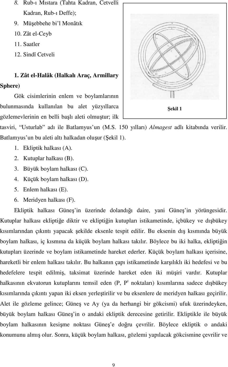 Usturlab adı ile Batlamyus un (M.S. 150 yılları) Almagest adlı kitabında verilir. Batlamyus un bu aleti altı halkadan oluşur (Şekil 1). 1. Ekliptik halkası (A). 2. Kutuplar halkası (B). 3.