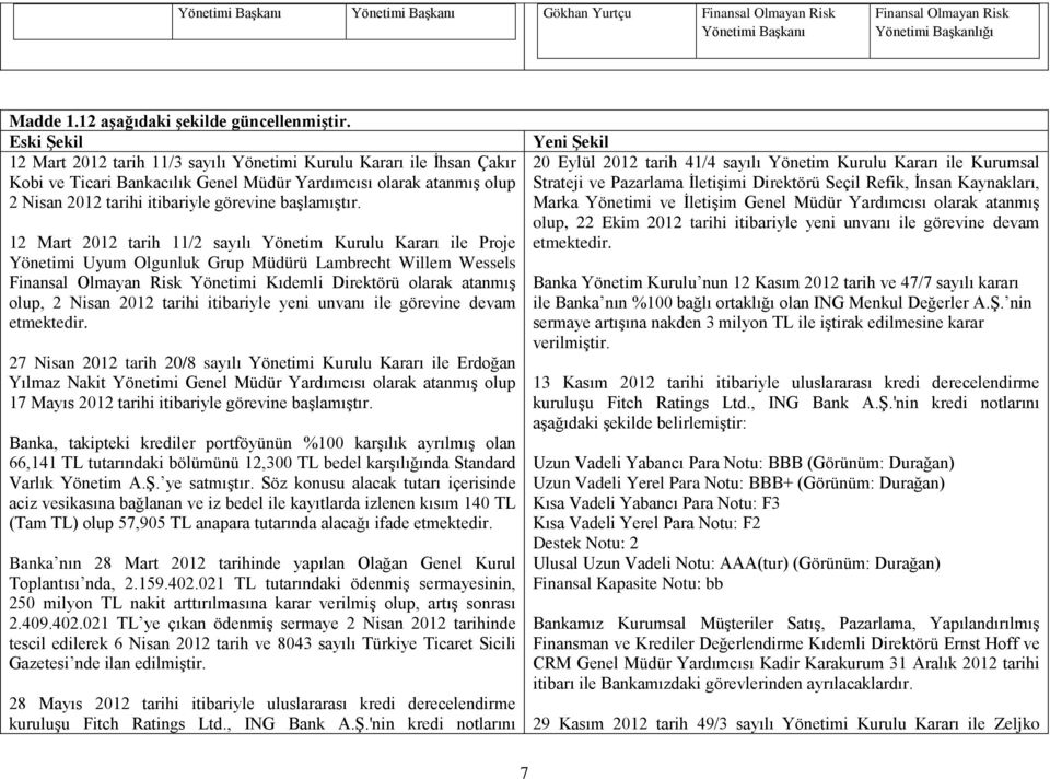 12 Mart 2012 tarih 11/2 sayılı Yönetim Kurulu Kararı ile Proje Yönetimi Uyum Olgunluk Grup Müdürü Lambrecht Willem Wessels Finansal Olmayan Risk Yönetimi Kıdemli Direktörü olarak atanmış olup, 2