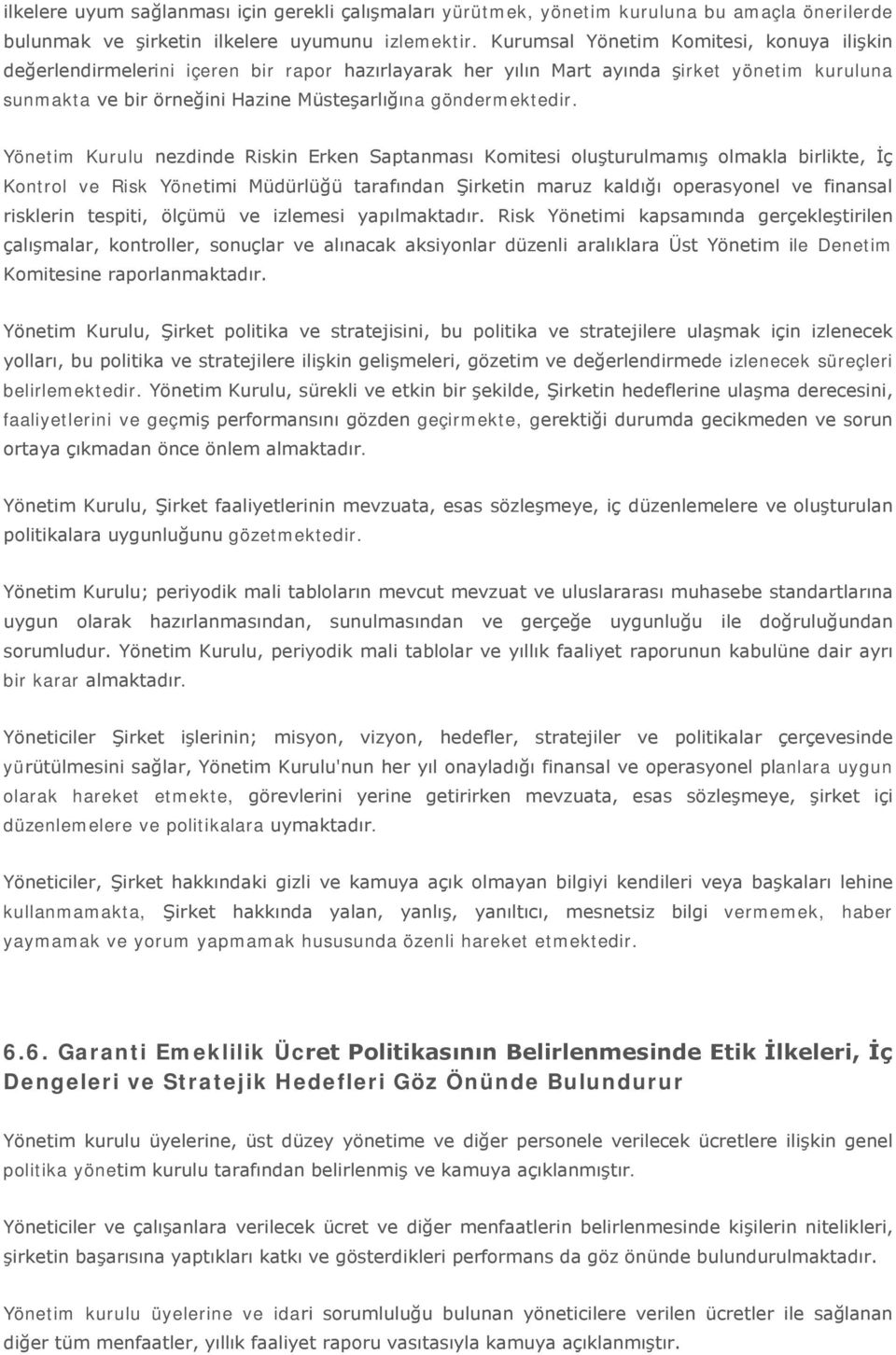 Yönetim Kurulu nezdinde Riskin Erken Saptanması Komitesi oluşturulmamış olmakla birlikte, İç Kontrol ve Risk Yönetimi Müdürlüğü tarafından Şirketin maruz kaldığı operasyonel ve finansal risklerin