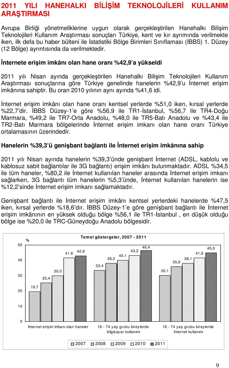 Đnternete erişim imkânı olan hane oranı %42,9 a yükseldi 2011 yılı Nisan ayında gerçekleştirilen Hanehalkı Bilişim Teknolojileri Kullanım Araştırması sonuçlarına göre Türkiye genelinde hanelerin