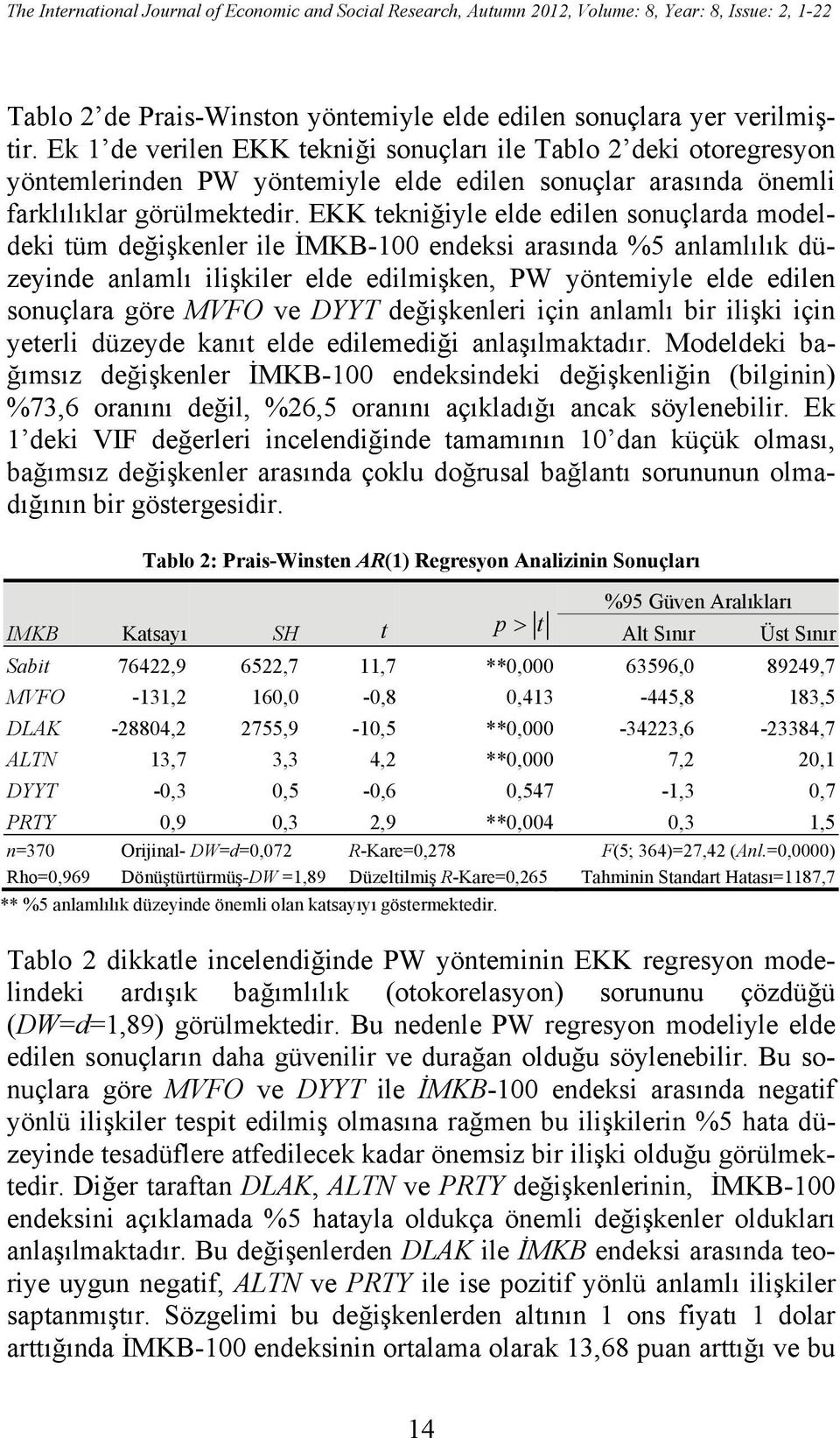 EKK tekniğiyle elde edilen sonuçlarda modeldeki tüm değişkenler ile İMKB-100 endeksi arasında %5 anlamlılık düzeyinde anlamlı ilişkiler elde edilmişken, PW yöntemiyle elde edilen sonuçlara göre MVFO