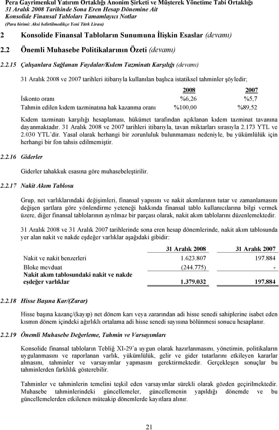 hesaplaması, hükümet tarafından açıklanan kıdem tazminat tavanına dayanmaktadır. 31 Aralık 2008 ve 2007 tarihleri itibarıyla, tavan miktarları sırasıyla 2.173 YTL ve 2.030 YTL dir.