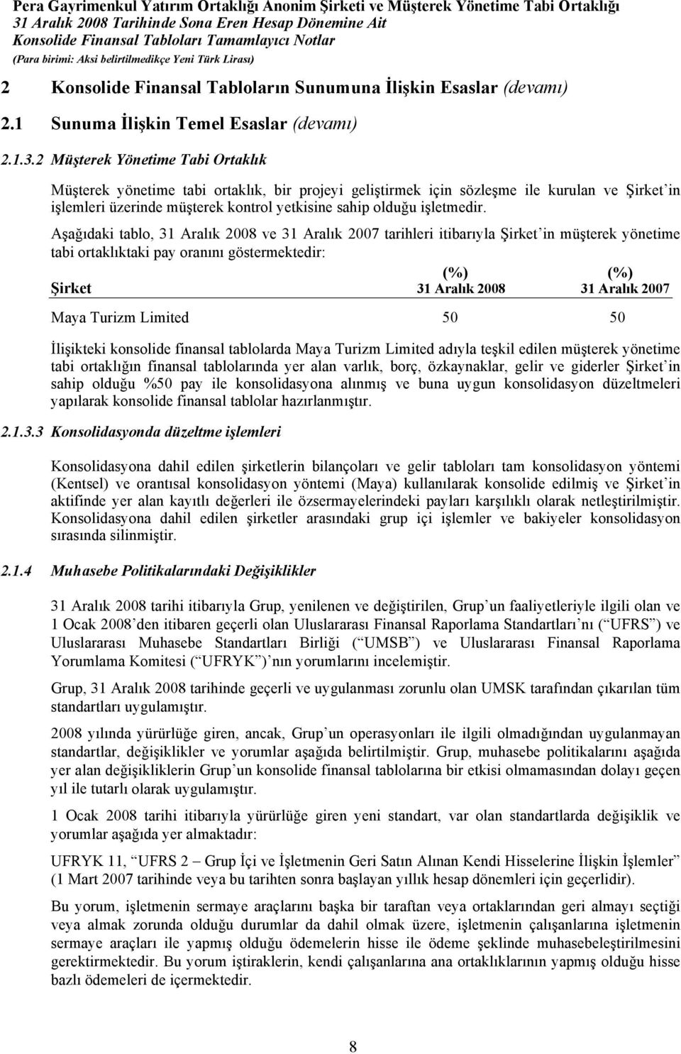 Aşağıdaki tablo, 31 Aralık 2008 ve 31 Aralık 2007 tarihleri itibarıyla Şirket in müşterek yönetime tabi ortaklıktaki pay oranını göstermektedir: (%) (%) Şirket 31 Aralık 2008 31 Aralık 2007 Maya