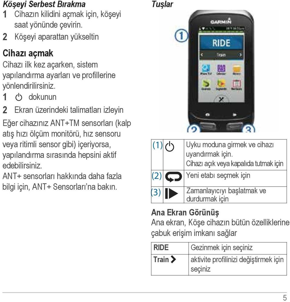 1 dokunun 2 Ekran üzerindeki talimatları izleyin Eğer cihazınız ANT+TM sensorları (kalp atış hızı ölçüm monitörü, hız sensoru veya ritimli sensor gibi) içeriyorsa, yapılandırma sırasında hepsini