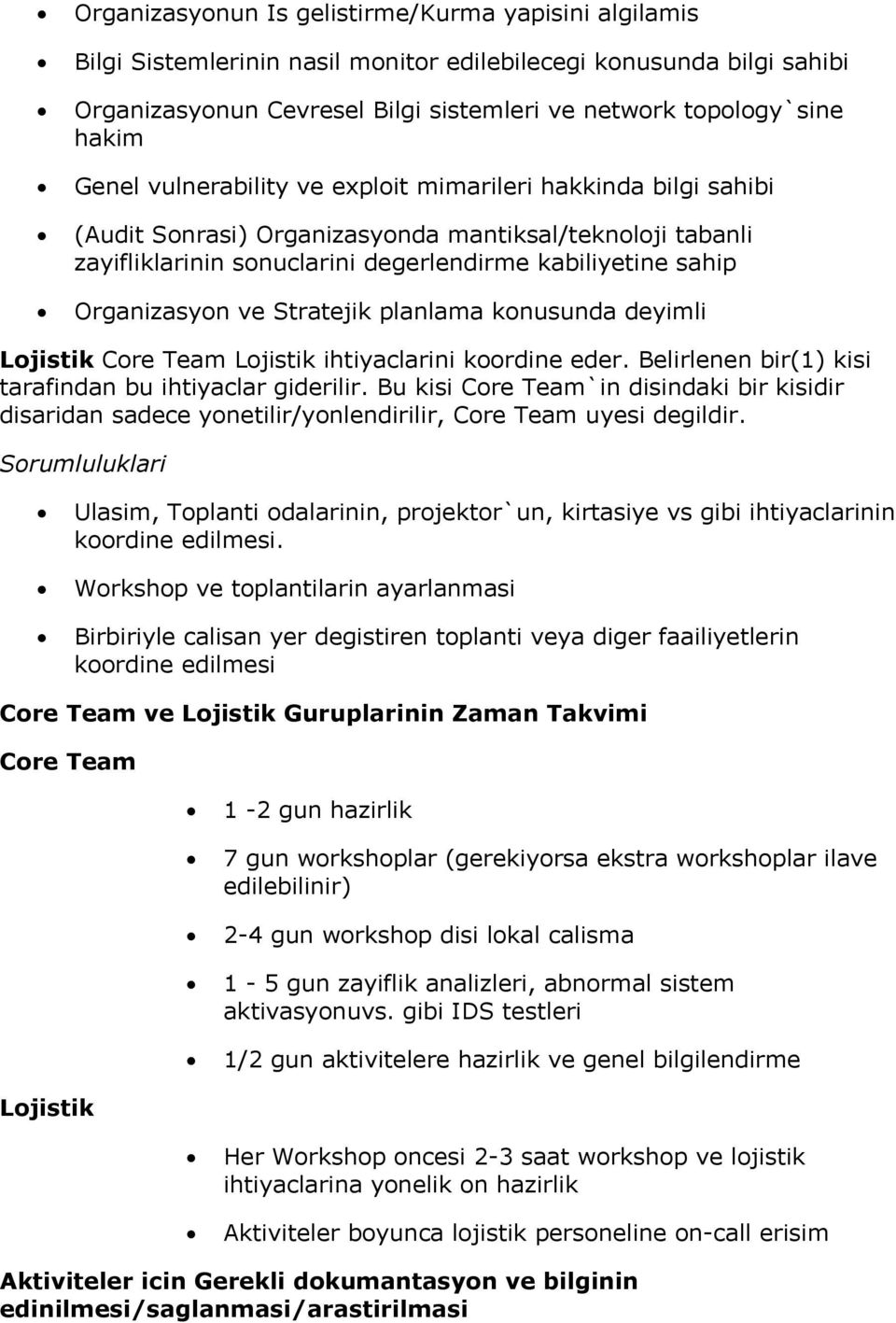 Stratejik planlama konusunda deyimli Lojistik Core Team Lojistik ihtiyaclarini koordine eder. Belirlenen bir(1) kisi tarafindan bu ihtiyaclar giderilir.