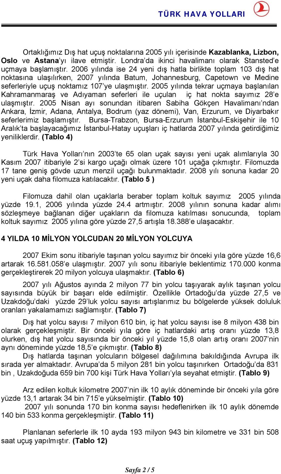 2005 yılında tekrar uçmaya başlanılan Kahramanmaraş ve Adıyaman seferleri ile uçulan iç hat nokta sayımız 28 e ulaşmıştır.