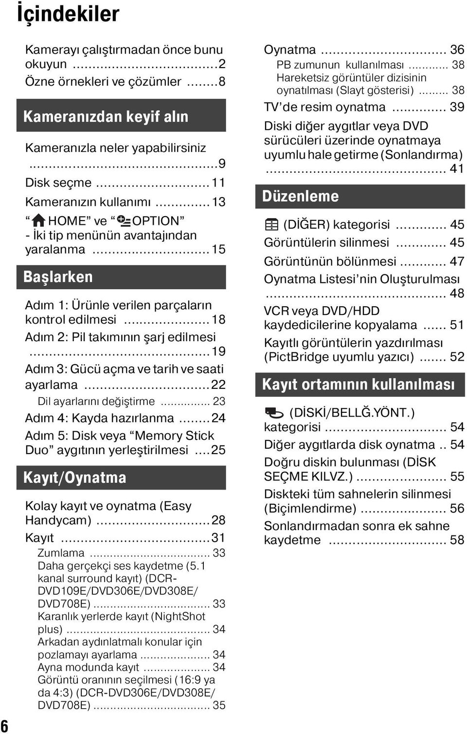 ..19 Adım 3: Gücü açma ve tarih ve saati ayarlama...22 Dil ayarlarını değiştirme... 23 Adım 4: Kayda hazırlanma...24 Adım 5: Disk veya Memory Stick Duo aygıtının yerleştirilmesi.