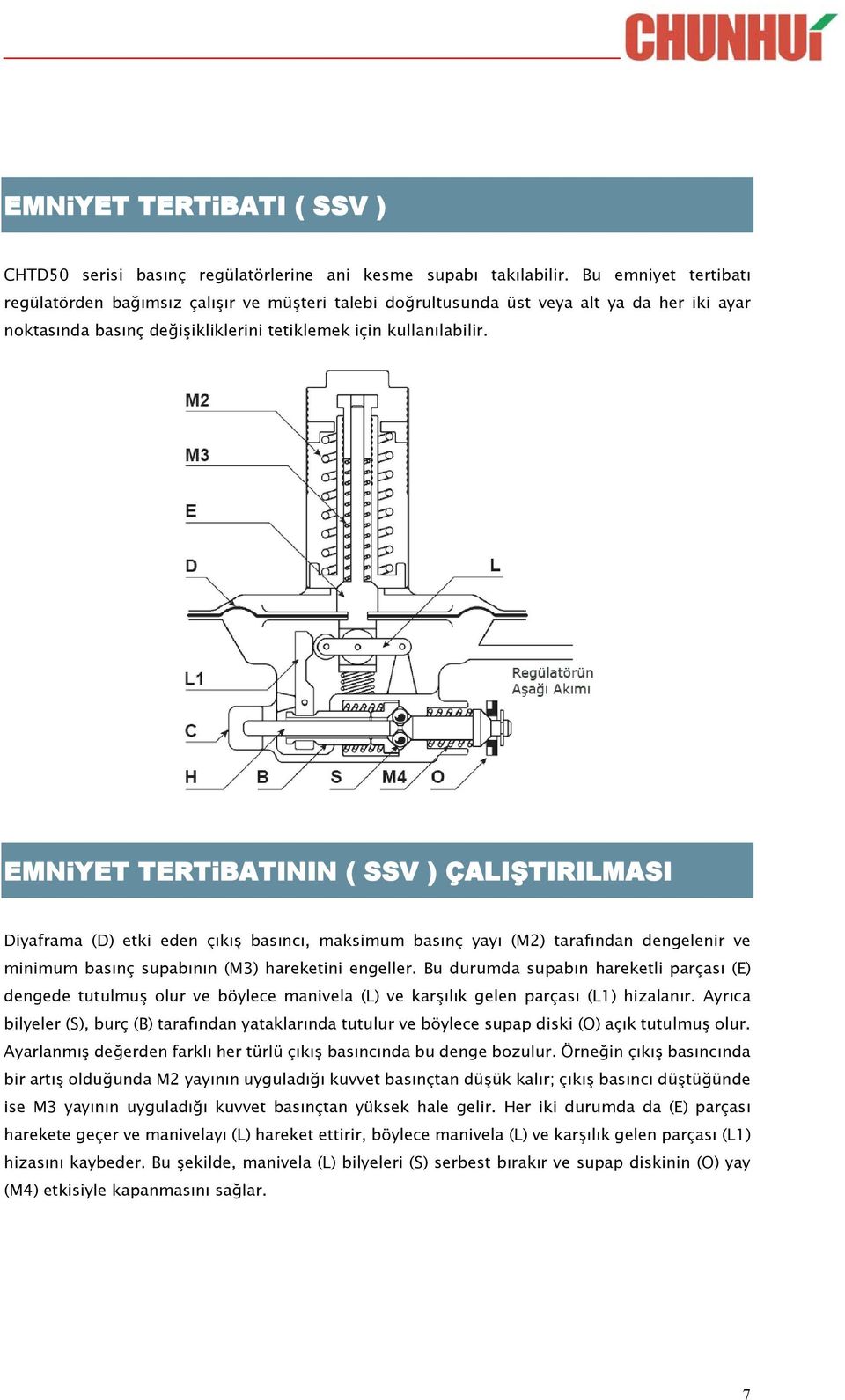 EMNiYET TERTiBATININ ( SSV ) ÇALIŞTIRILMASI Diyaframa (D) etki eden çıkış basıncı, maksimum basınç yayı (M2) tarafından dengelenir ve minimum basınç supabının (M3) hareketini engeller.