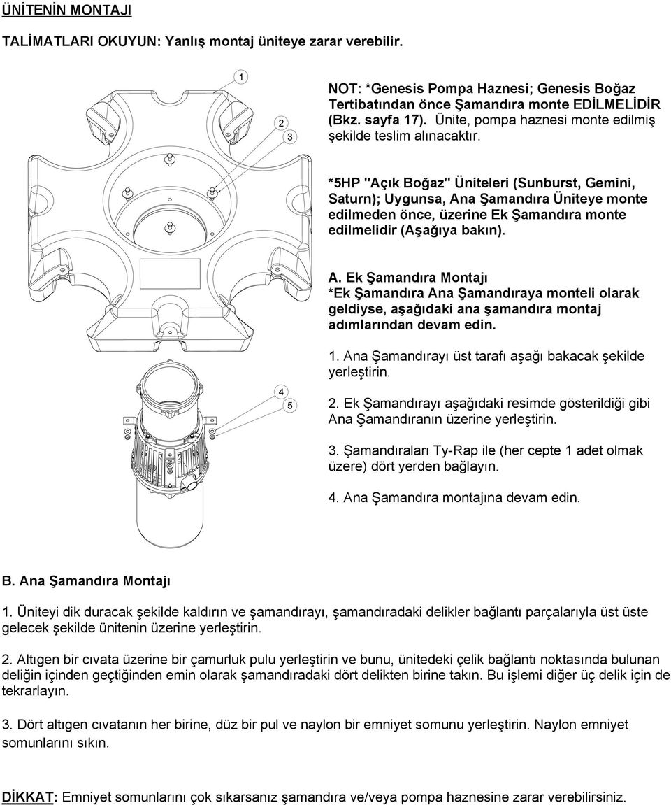 *5HP "Açık Boğaz" Üniteleri (Sunburst, Gemini, Saturn); Uygunsa, Ana Şamandıra Üniteye monte edilmeden önce, üzerine Ek Şamandıra monte edilmelidir (Aşağıya bakın). A. Ek Şamandıra Montajı *Ek Şamandıra Ana Şamandıraya monteli olarak geldiyse, aşağıdaki ana şamandıra montaj adımlarından devam edin.