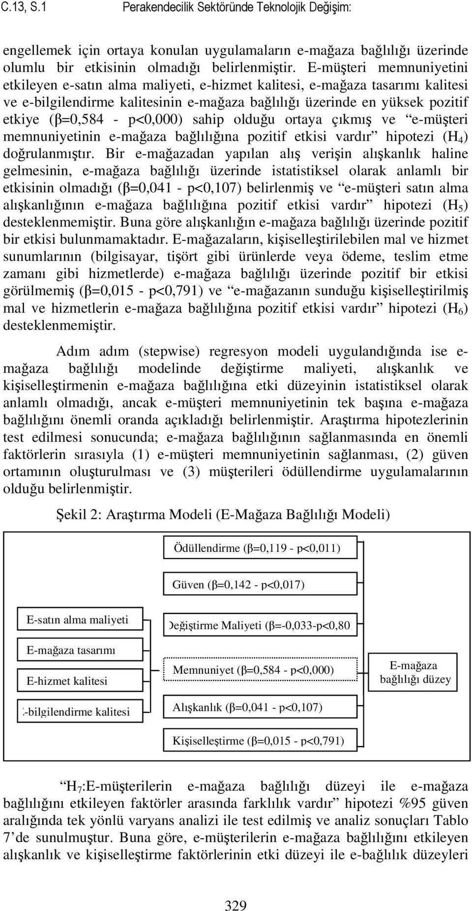 p<0,000) sahip olduğu ortaya çıkmış ve e-müşteri memnuniyetinin e-mağaza bağlılığına pozitif etkisi vardır hipotezi (H 4 ) doğrulanmıştır.