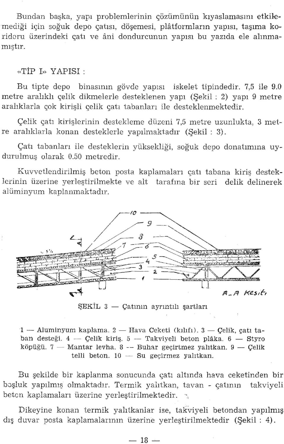 0 metre aralıklı çelik dikmelerle desteklenen yapı (Şekil : 2) yapı 9 metre aralıklarla çok kirişli çelik çatı tabanları ile desteklenmektedir.