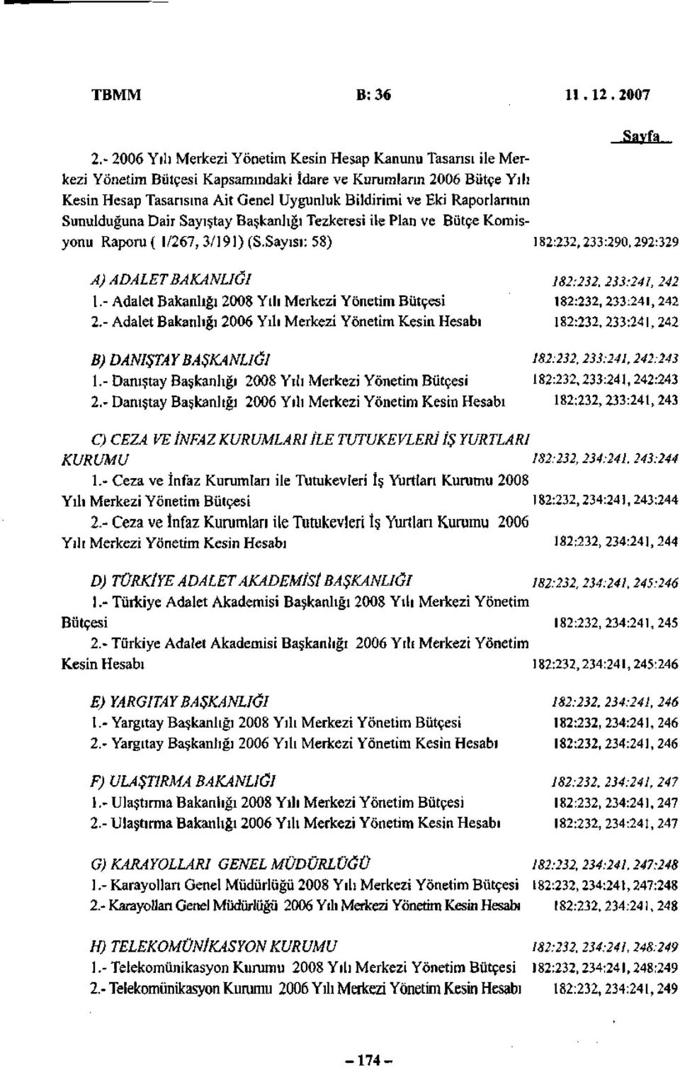 Raporlannın Sunulduğuna Dair Sayıştay Başkanlığı Tezkeresi ile Plan ve Bütçe Komisyonu Raporu( 1/267, 3/191) (S.SayıSi: 58) 182:232,233:290,292:329 A) ADALET BAKANLIĞI 182:232. 233:241, 242 1.