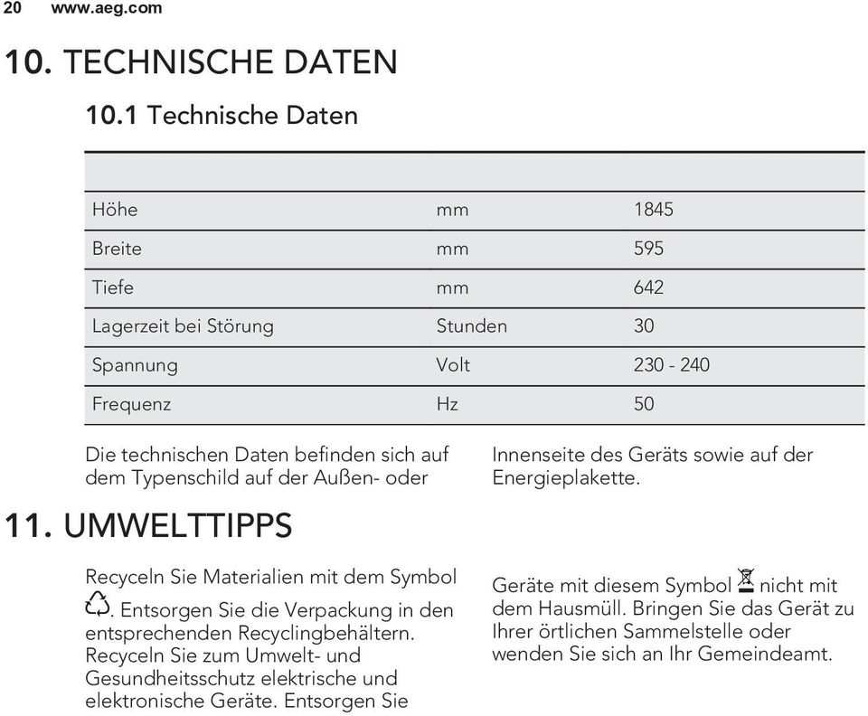 sich auf dem Typenschild auf der Außen- oder 11. UMWELTTIPPS Recyceln Sie Materialien mit dem Symbol.