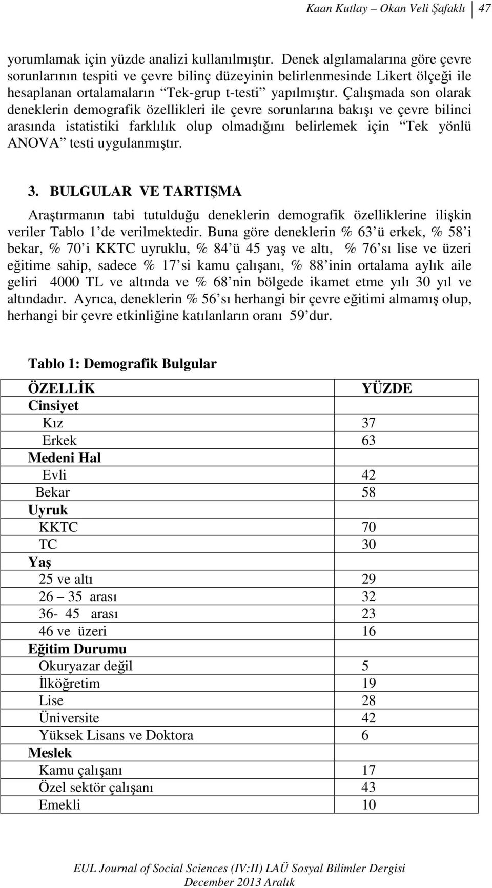 Çalışmada son olarak deneklerin demografik özellikleri ile çevre sorunlarına bakışı ve çevre bilinci arasında istatistiki farklılık olup olmadığını belirlemek için Tek yönlü ANOVA testi uygulanmıştır.