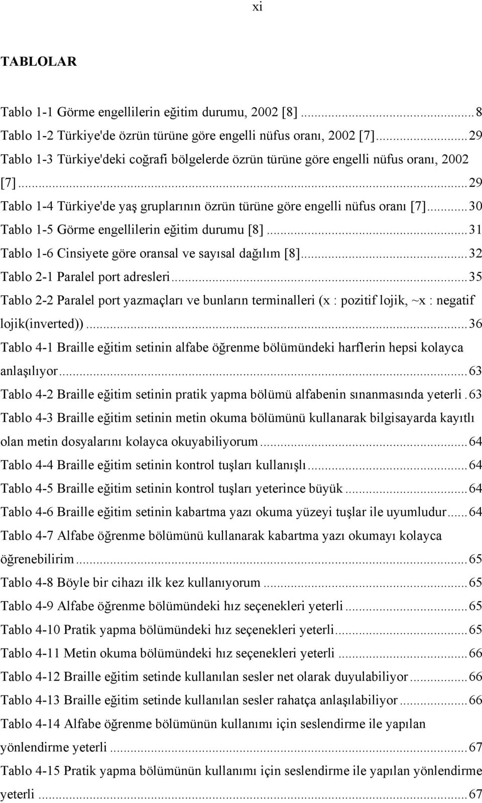 .. 30 Tablo 1-5 Görme engellilerin eğitim durumu [8]... 31 Tablo 1-6 Cinsiyete göre oransal ve sayısal dağılım [8]... 32 Tablo 2-1 Paralel port adresleri.