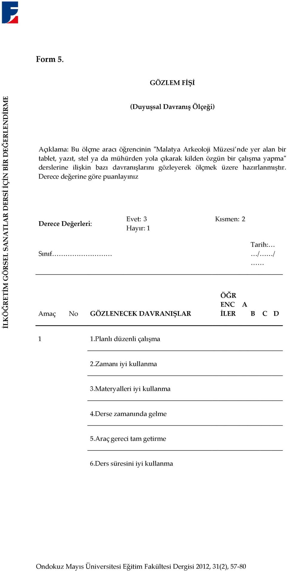 bir çalışma yapma" derslerine ilişkin bazı davranışlarını gözleyerek ölçmek üzere hazırlanmıştır.