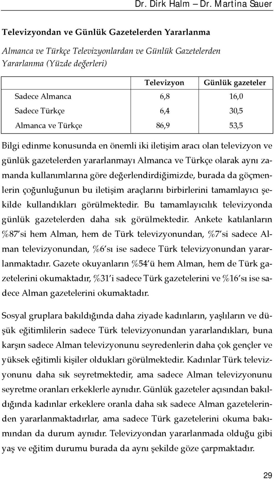 16,0 Sadece Türkçe 6,4 30,5 Almanca ve Türkçe 86,9 53,5 Bilgi edinme konusunda en önemli iki iletişim aracõ olan televizyon ve günlük gazetelerden yararlanmayõ Almanca ve Türkçe olarak aynõ zamanda